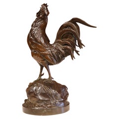Sculpture de coq en bronze patiné français du début du XXe siècle signée A. Cain