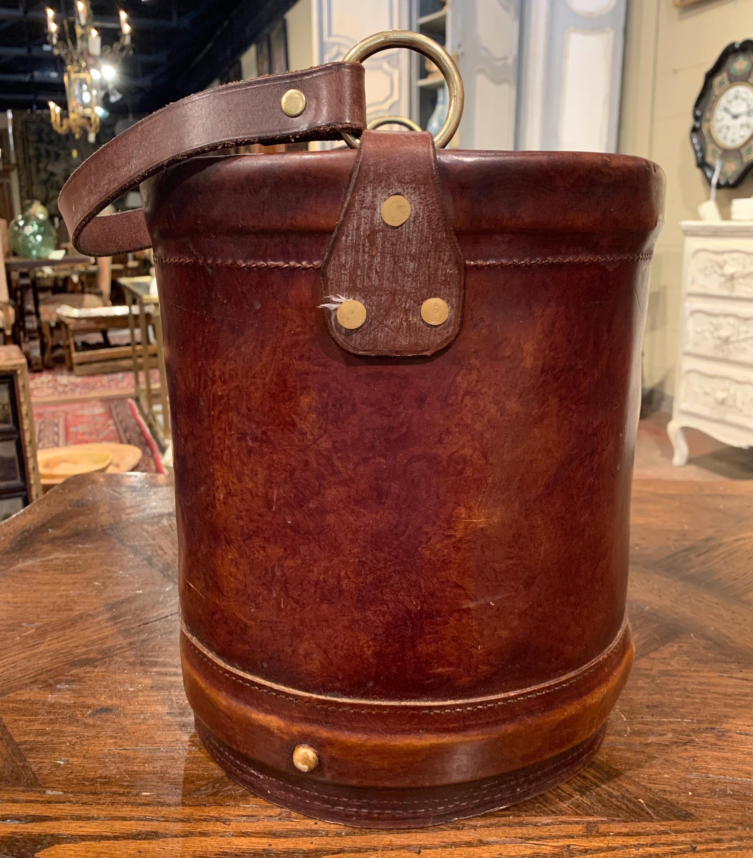 Hand-Crafted Early 20th Century French Patinated Brown Leather Basket with Handle