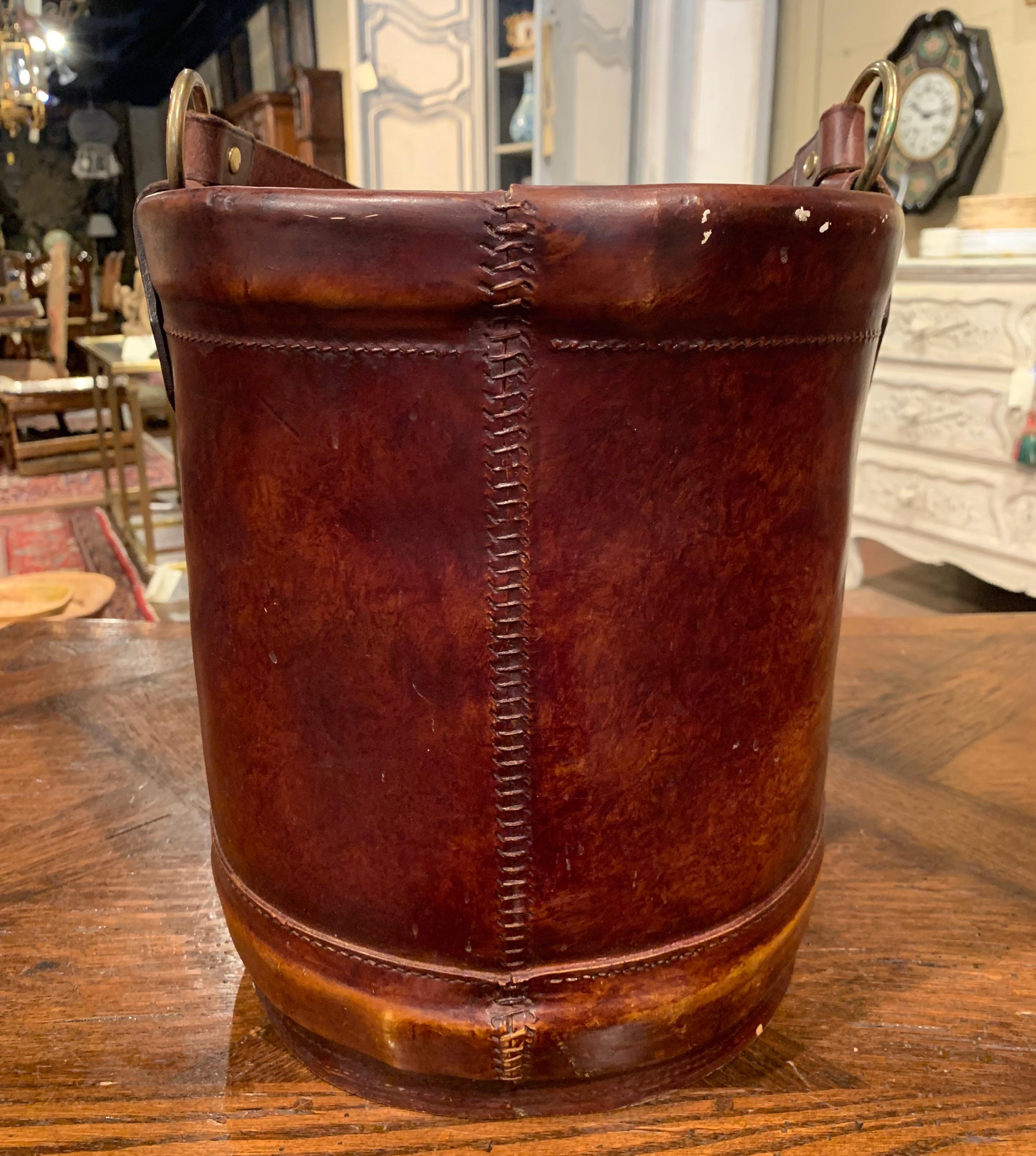 Early 20th Century French Patinated Brown Leather Basket with Handle 3