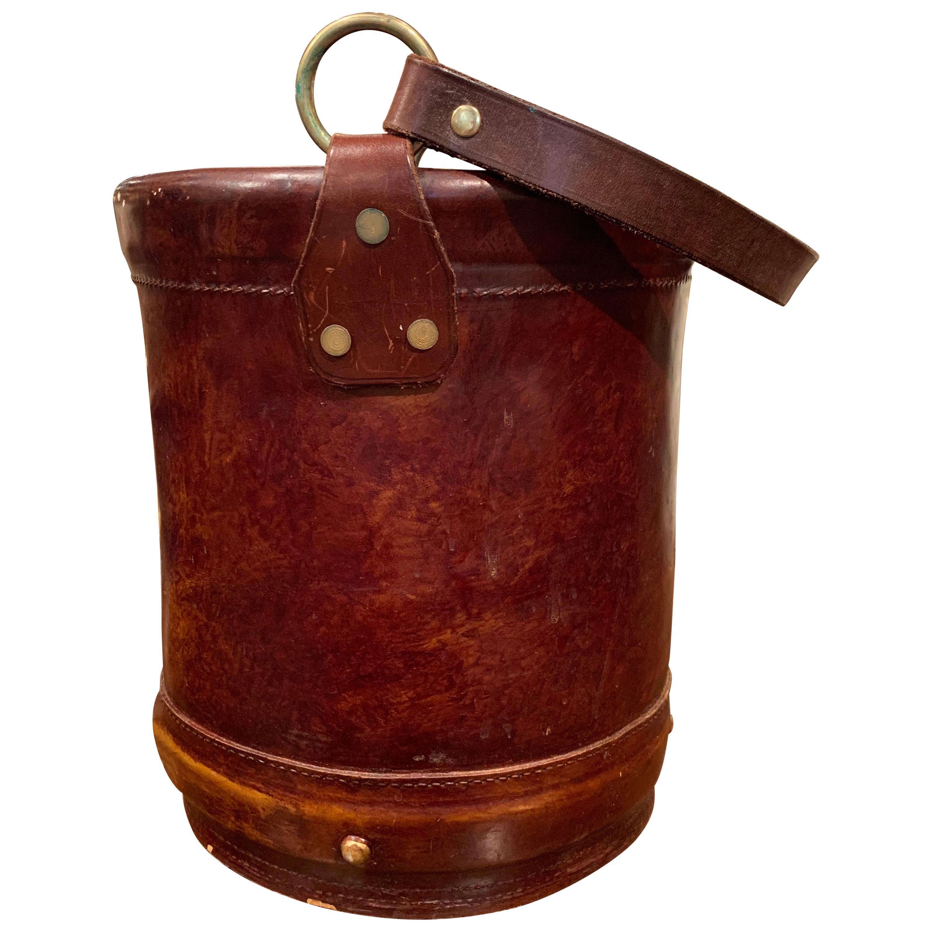 Early 20th Century French Patinated Brown Leather Basket with Handle