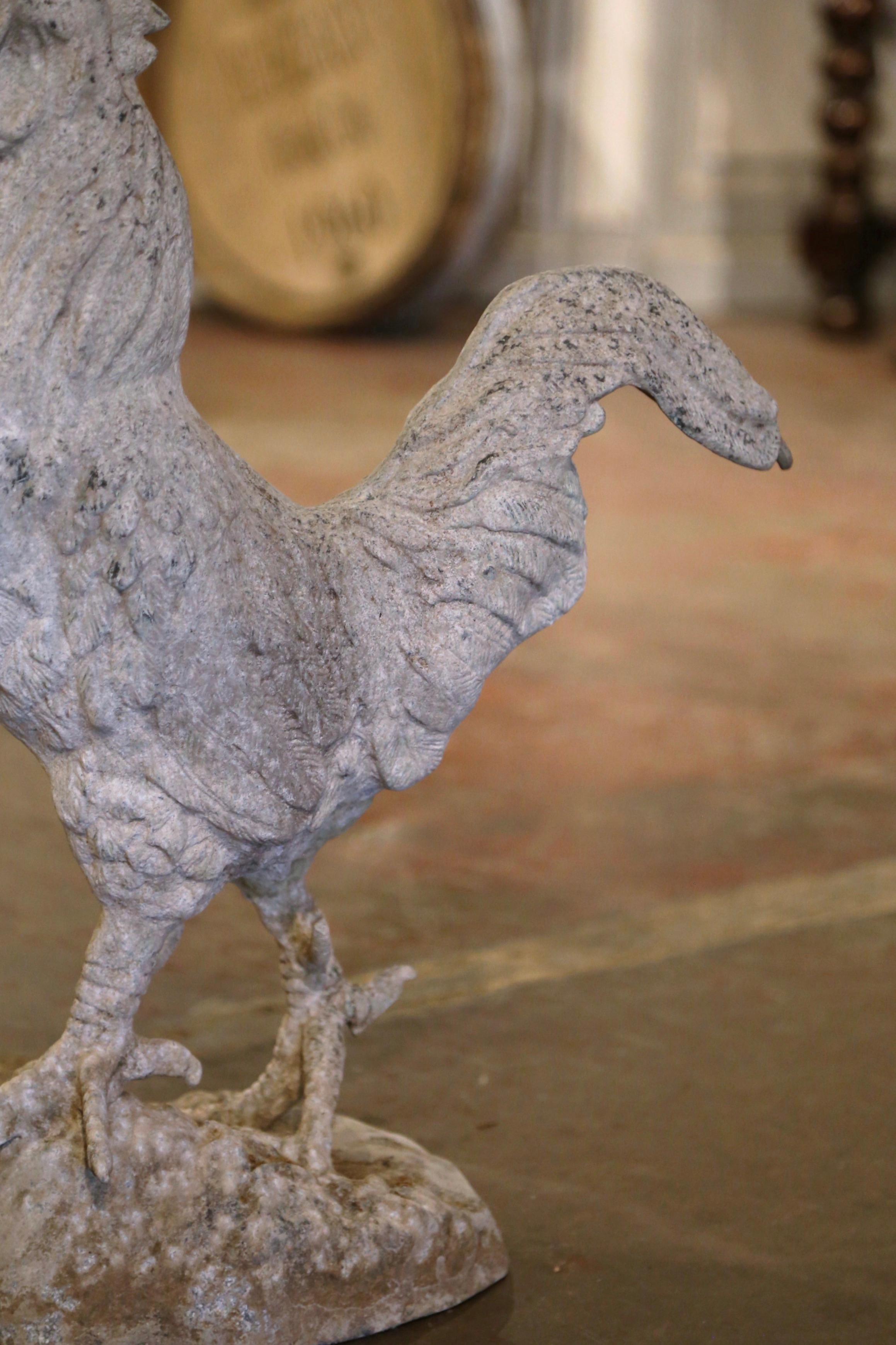 Hand-Crafted Early 20th Century French Patinated Metal Rooster Sculpture with Concrete Base For Sale