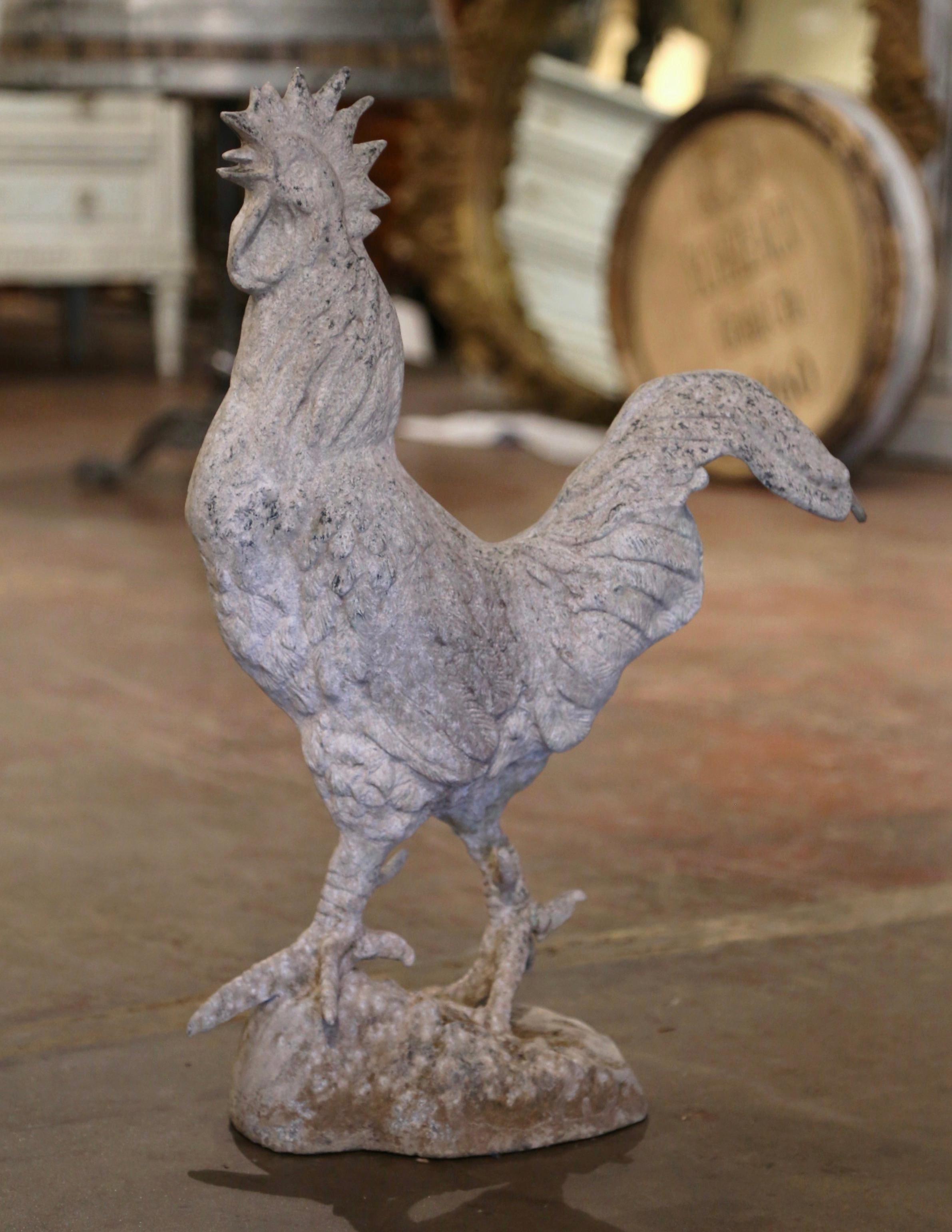 Early 20th Century French Patinated Metal Rooster Sculpture with Concrete Base In Excellent Condition For Sale In Dallas, TX