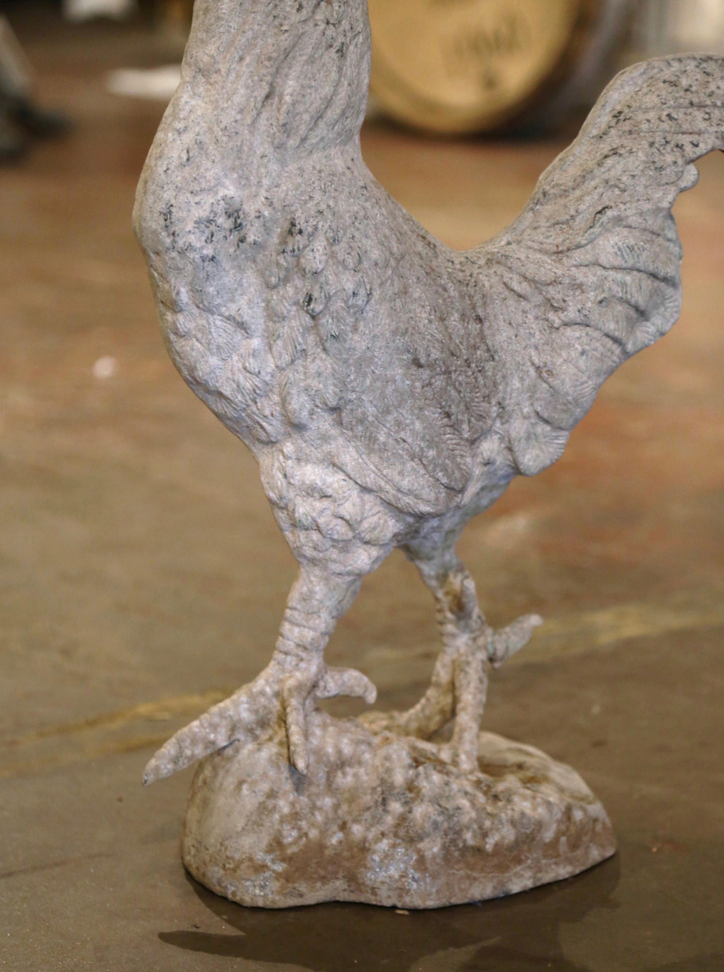 Early 20th Century French Patinated Metal Rooster Sculpture with Concrete Base For Sale 1