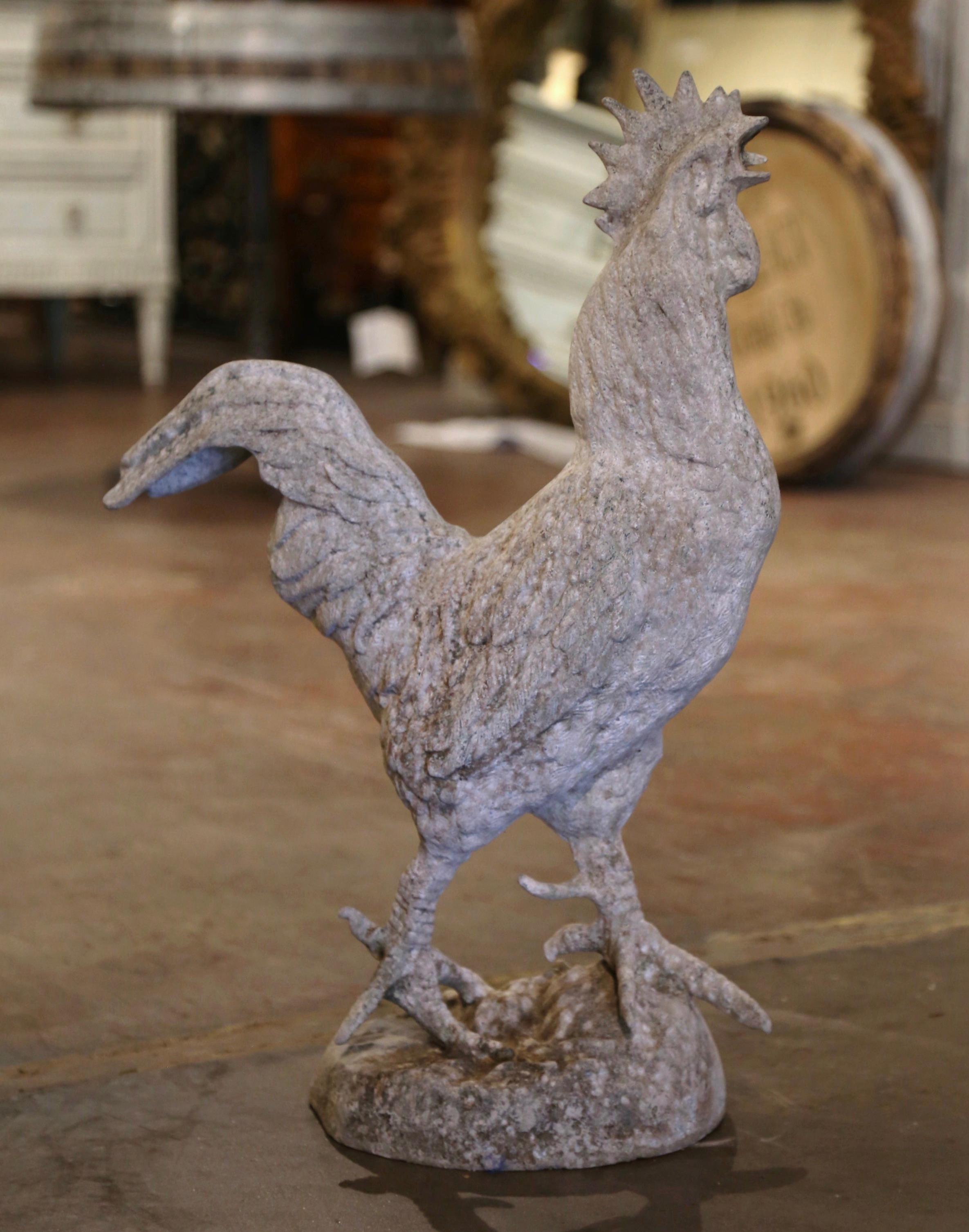 Early 20th Century French Patinated Metal Rooster Sculpture with Concrete Base For Sale 2