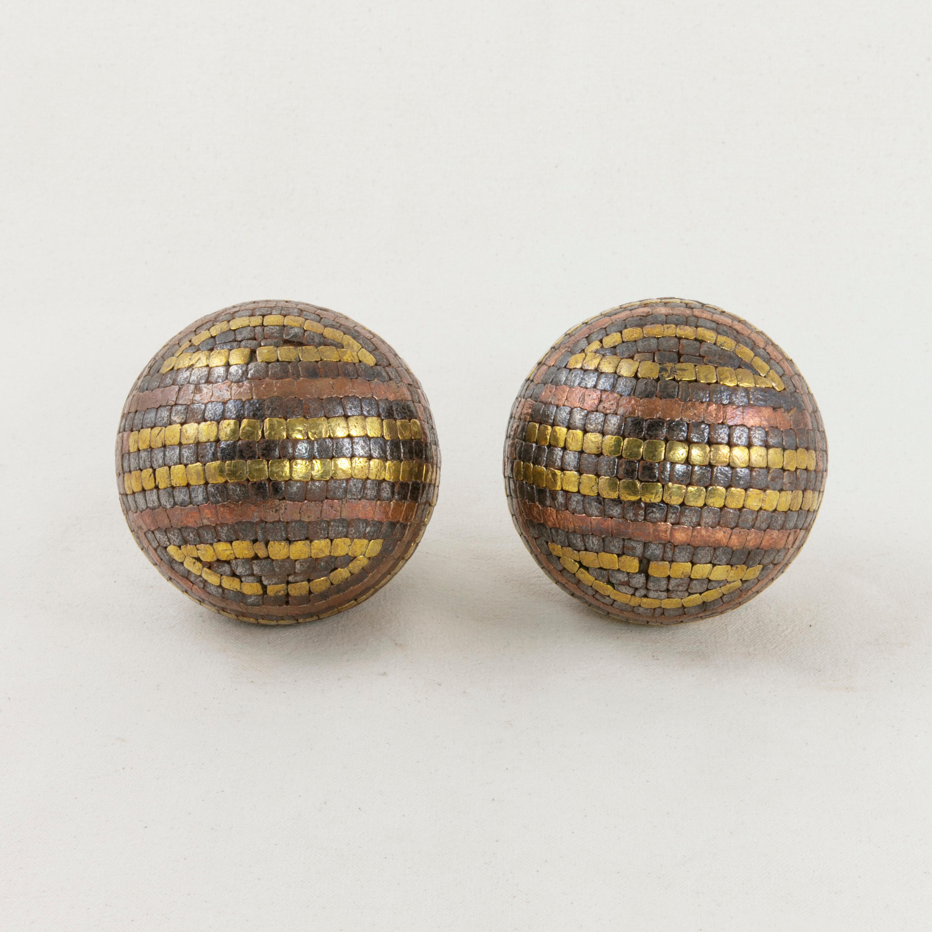 Early 20th Century French Petanque Lawn Balls with Iron, Copper and Brass Nails In Good Condition In Fayetteville, AR