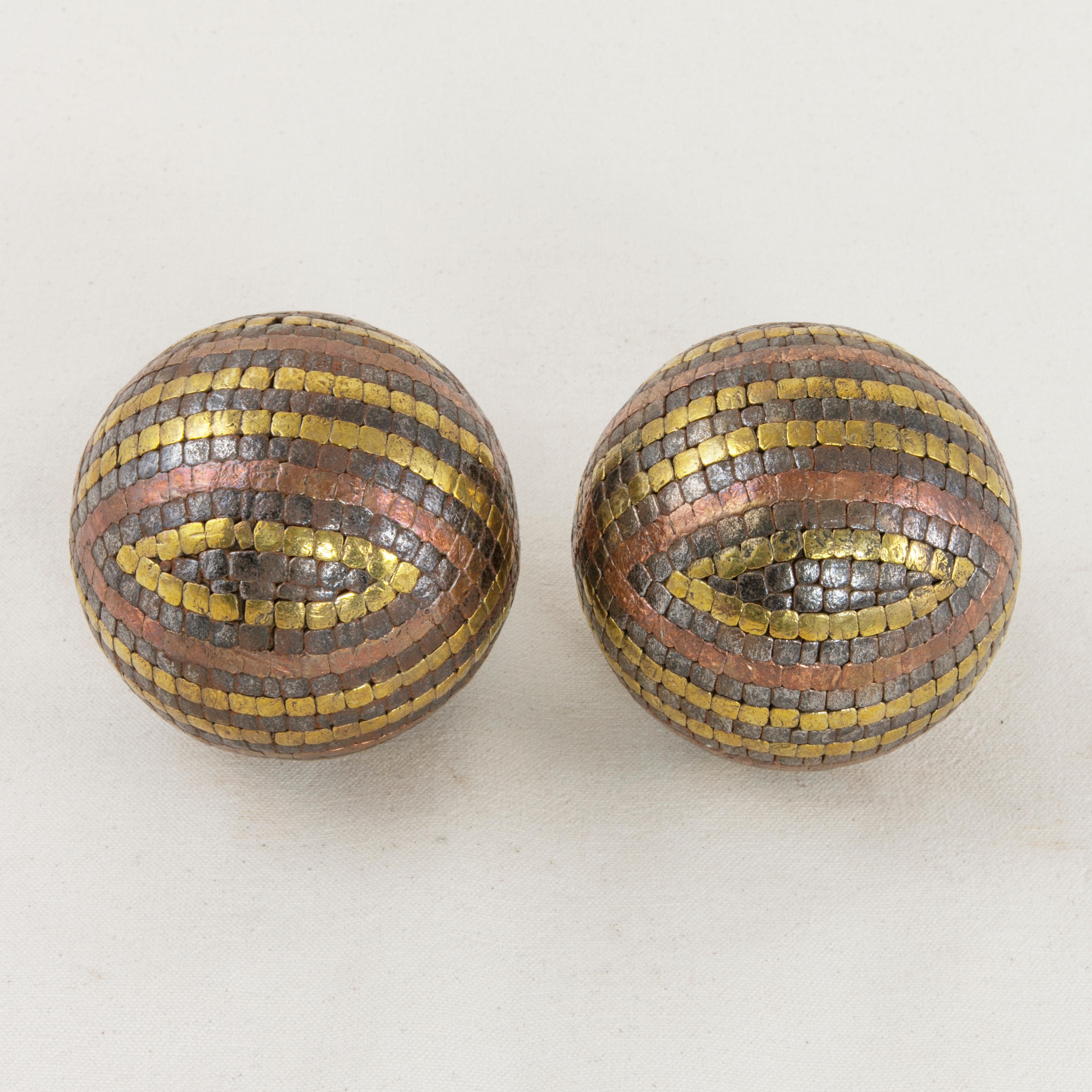Early 20th Century French Petanque Lawn Balls with Iron, Copper and Brass Nails 2