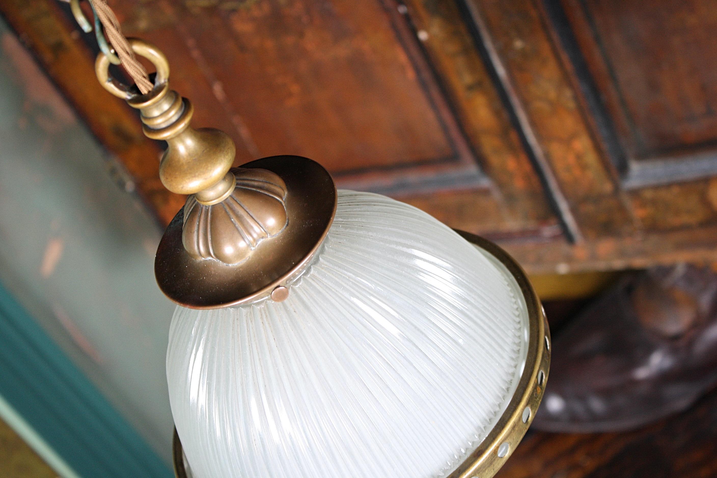 Early 20th Century French Petit Holophane Glass and Brass Lantern Light Pendant In Good Condition In Lowestoft, GB