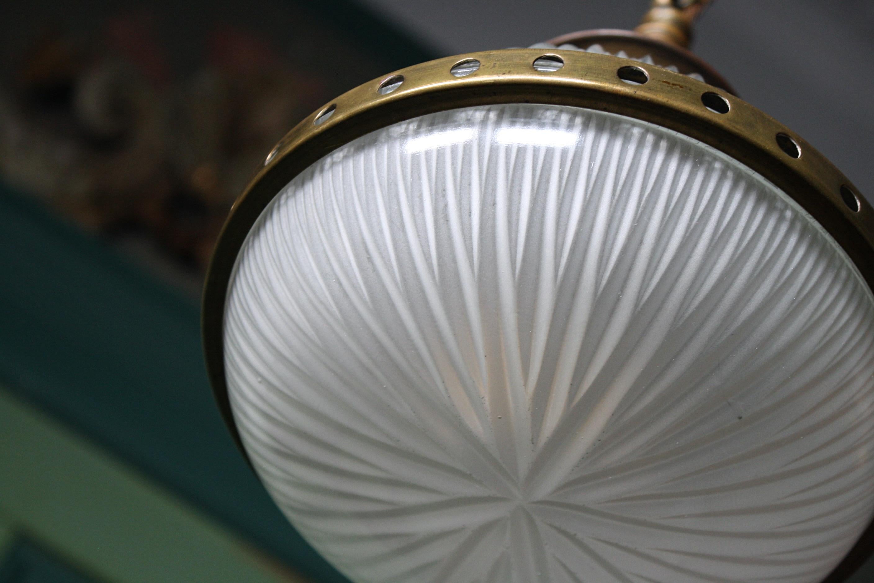Early 20th Century French Petit Holophane Glass and Brass Lantern Light Pendant 6