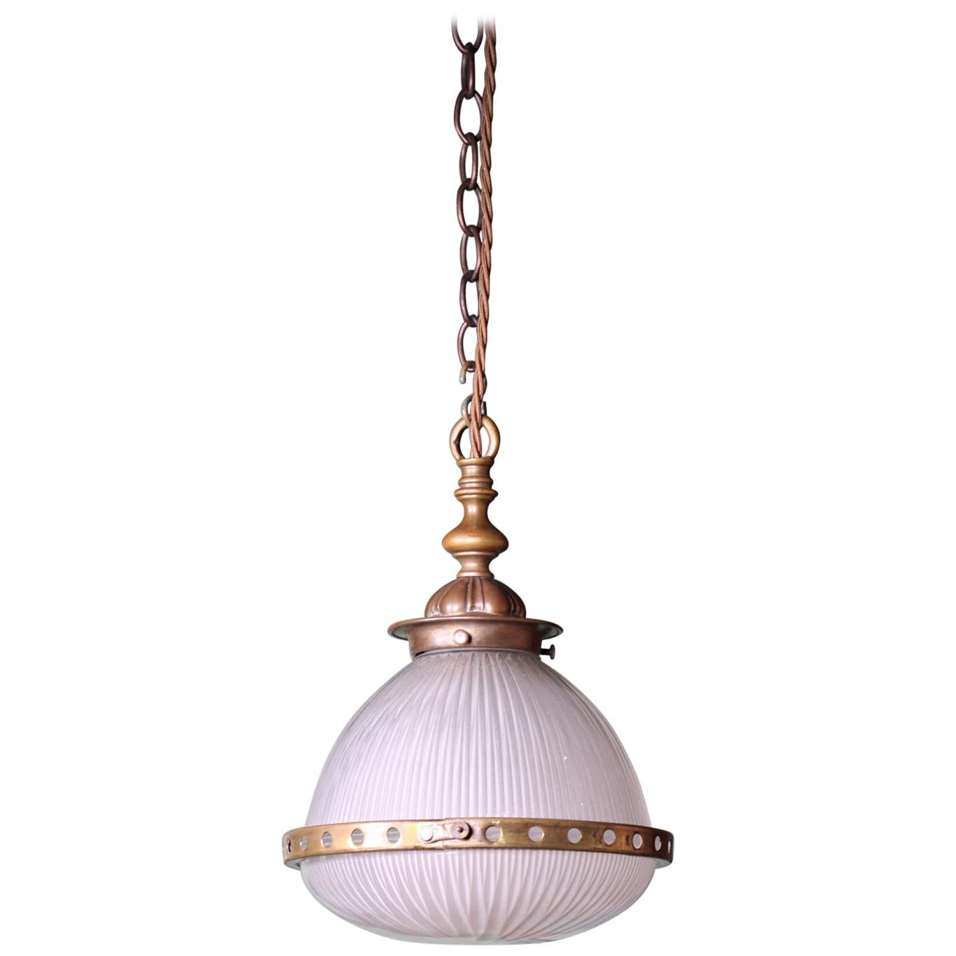 Early 20th Century French Petit Holophane Glass and Brass Lantern Light Pendant