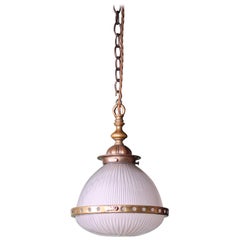 Antique Early 20th Century French Petit Holophane Glass and Brass Lantern Light Pendant