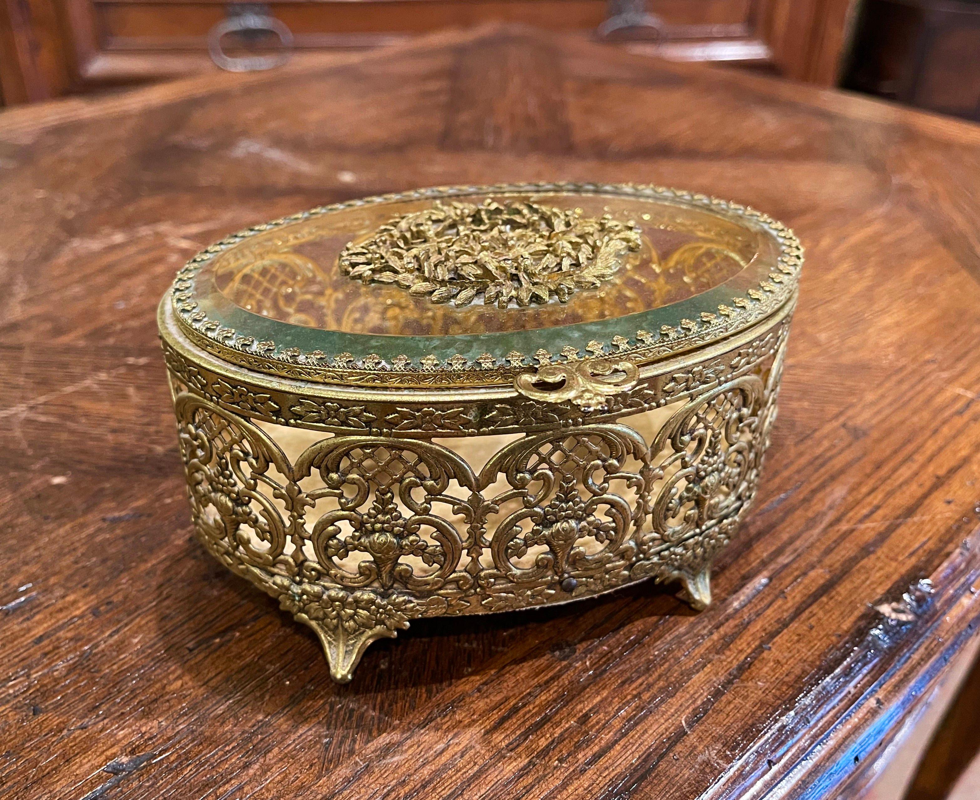 Hand-Crafted Early 20th Century French Pierced Gilt Brass and Beveled Glass Jewelry Box