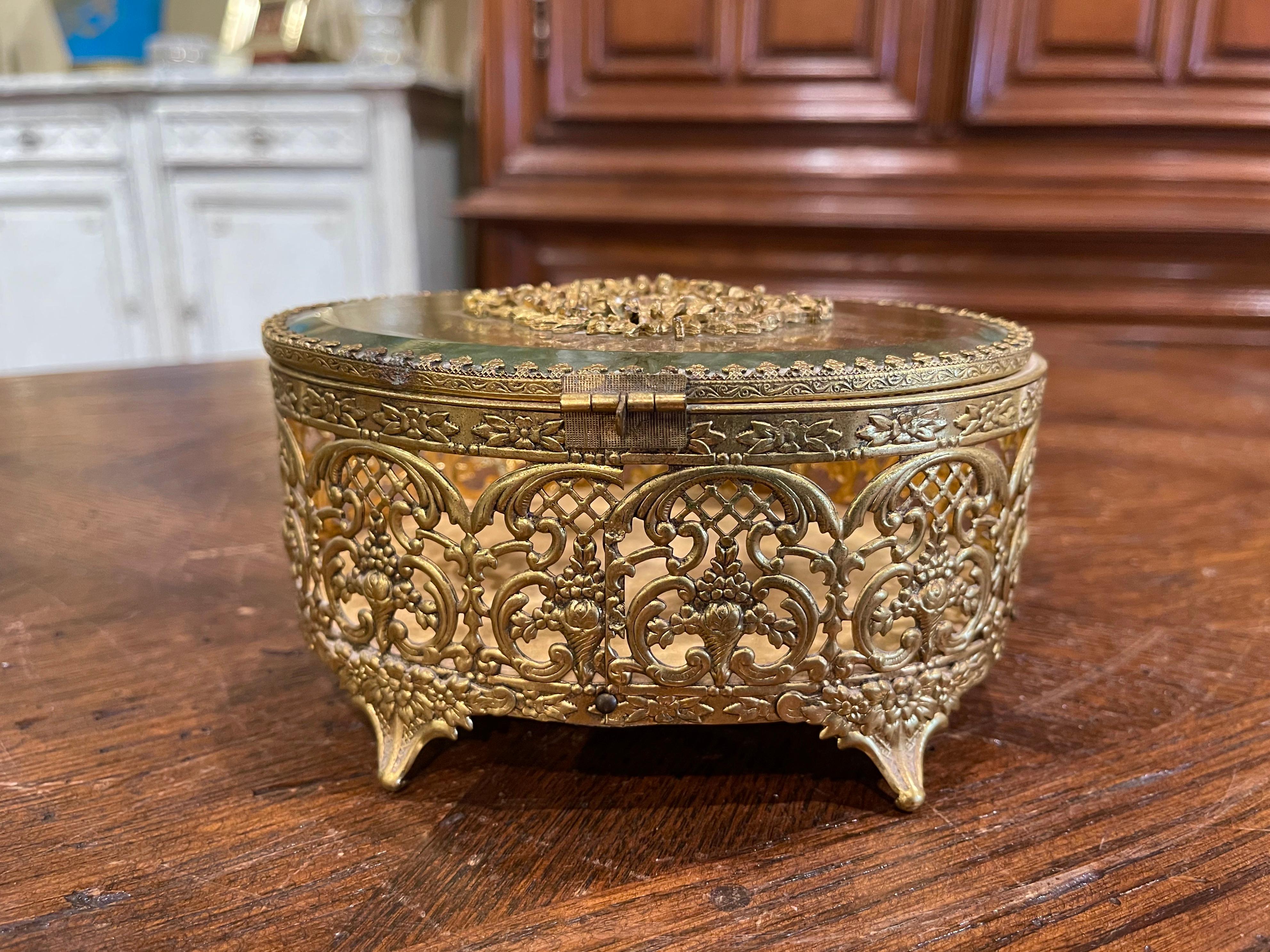 Early 20th Century French Pierced Gilt Brass and Beveled Glass Jewelry Box 2