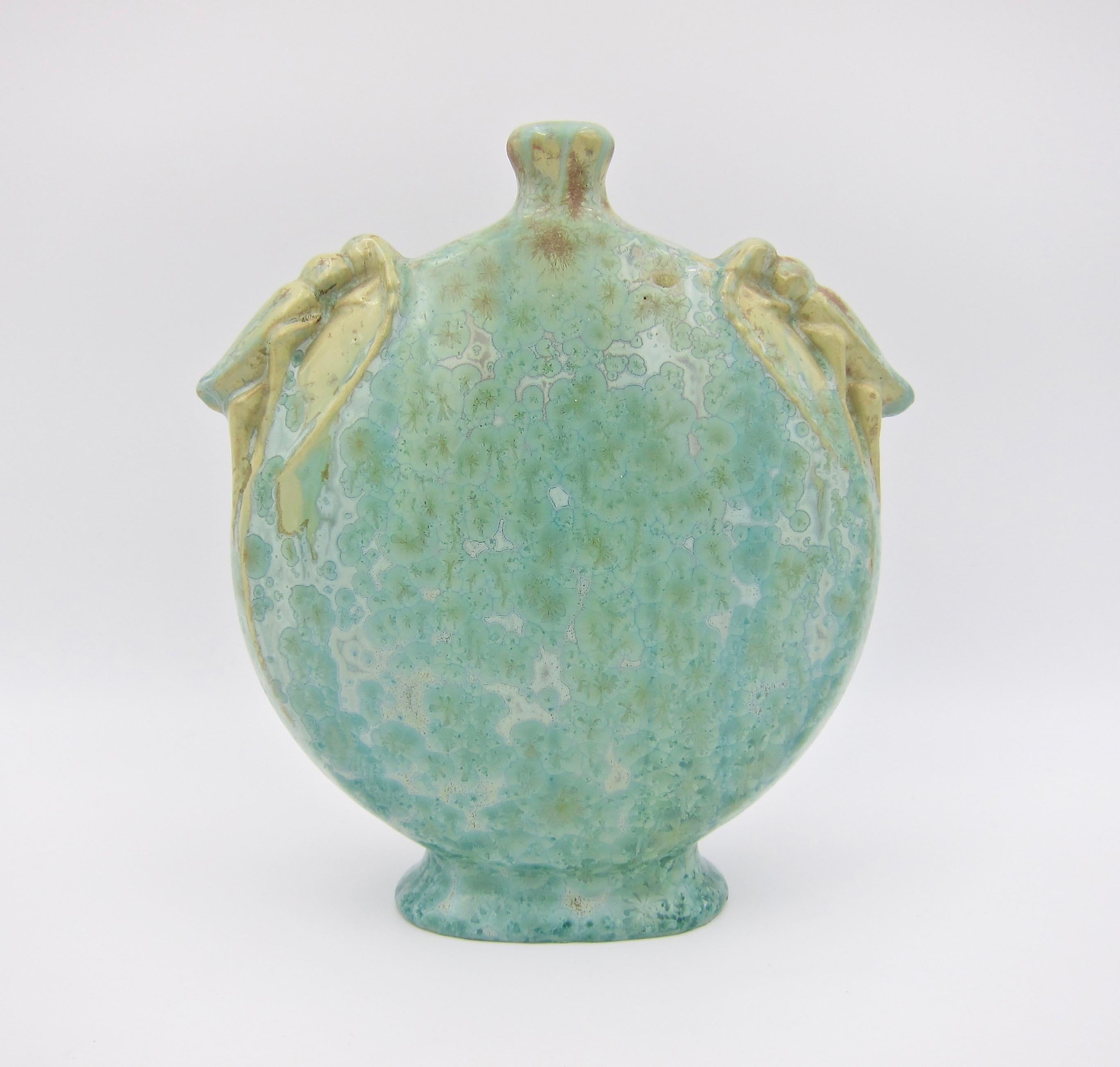 Glazed Early 20th Century French Pierrefonds Cicada Vase with Crystalline Glaze