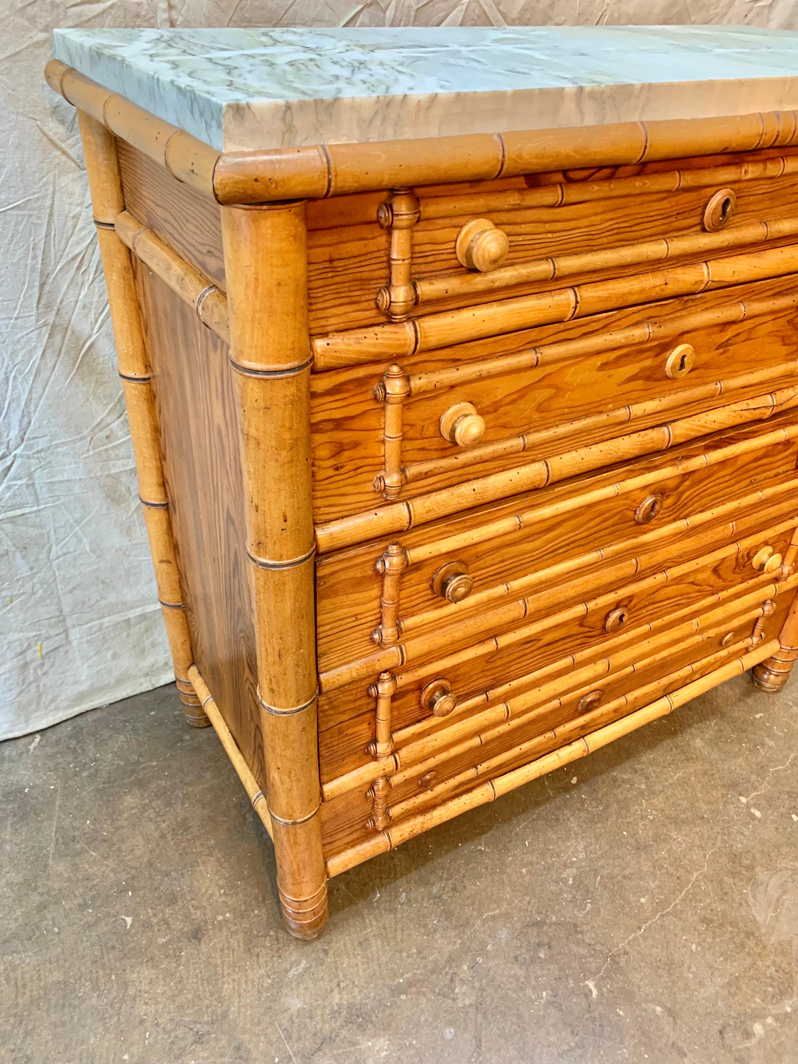 Early 20th Century French Pine Faux Bamboo Chest of Drawers with Marble Top 7