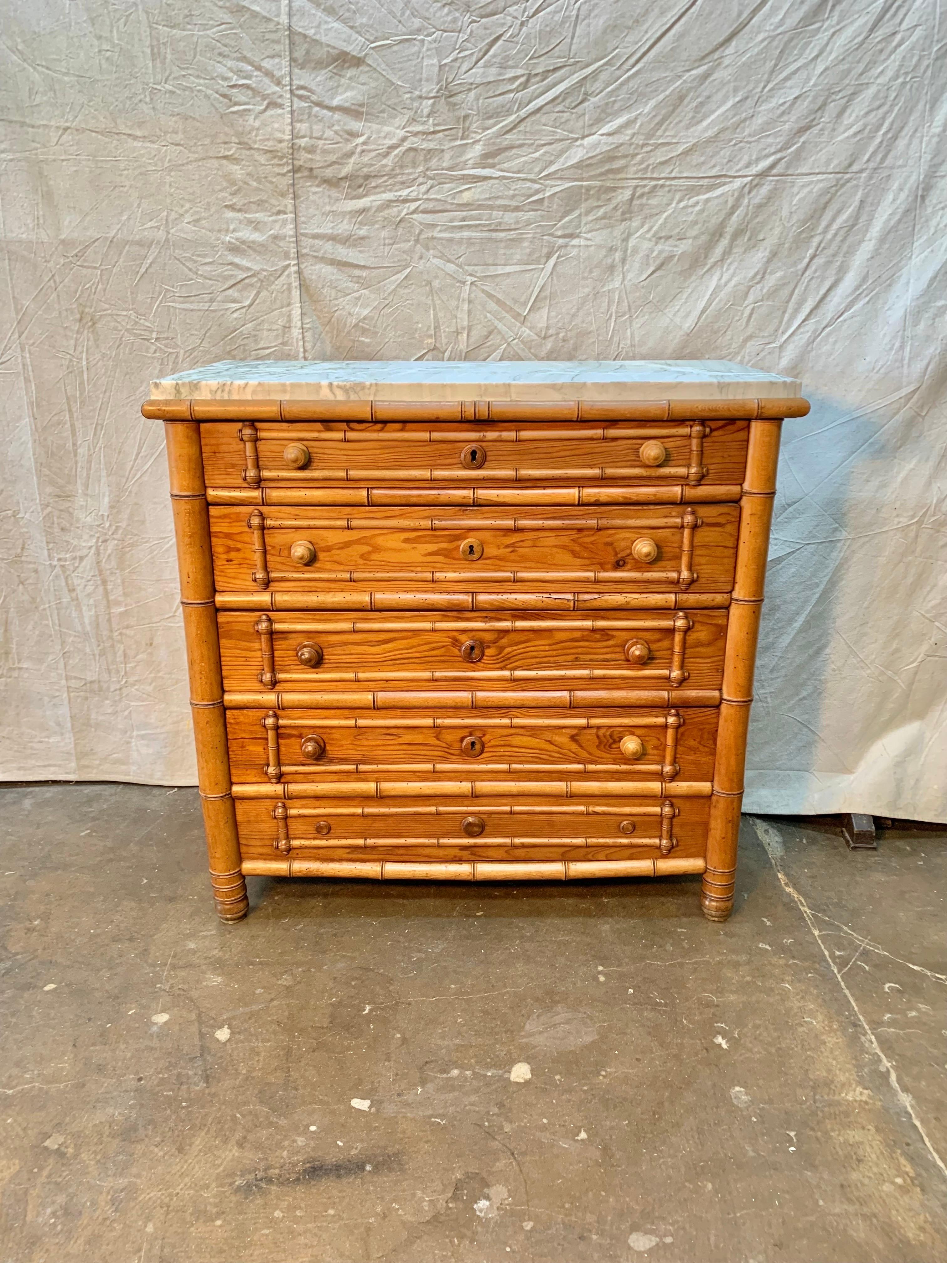 Hand-Crafted Early 20th Century French Pine Faux Bamboo Chest of Drawers with Marble Top