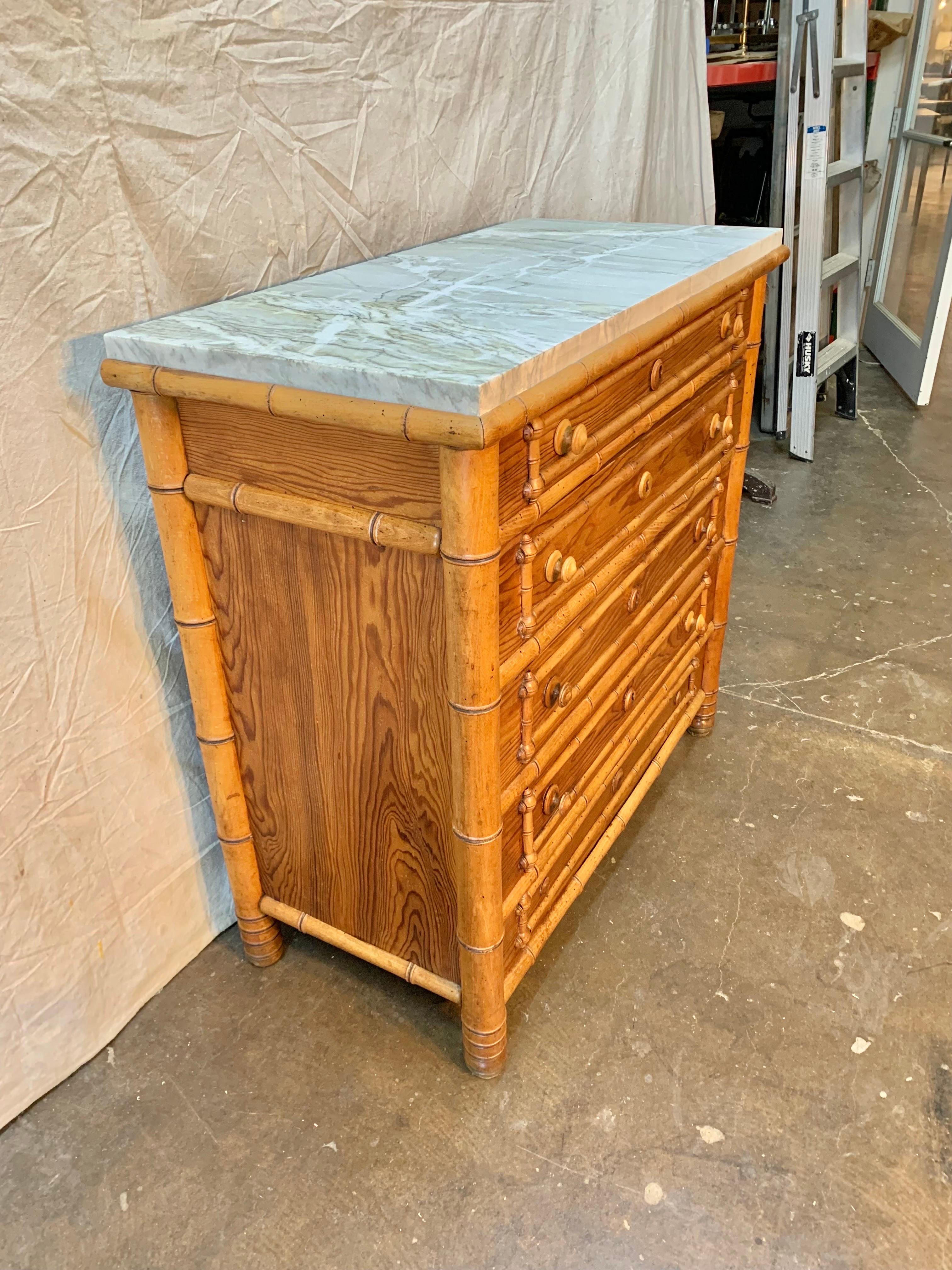 Early 20th Century French Pine Faux Bamboo Chest of Drawers with Marble Top In Good Condition In Burton, TX