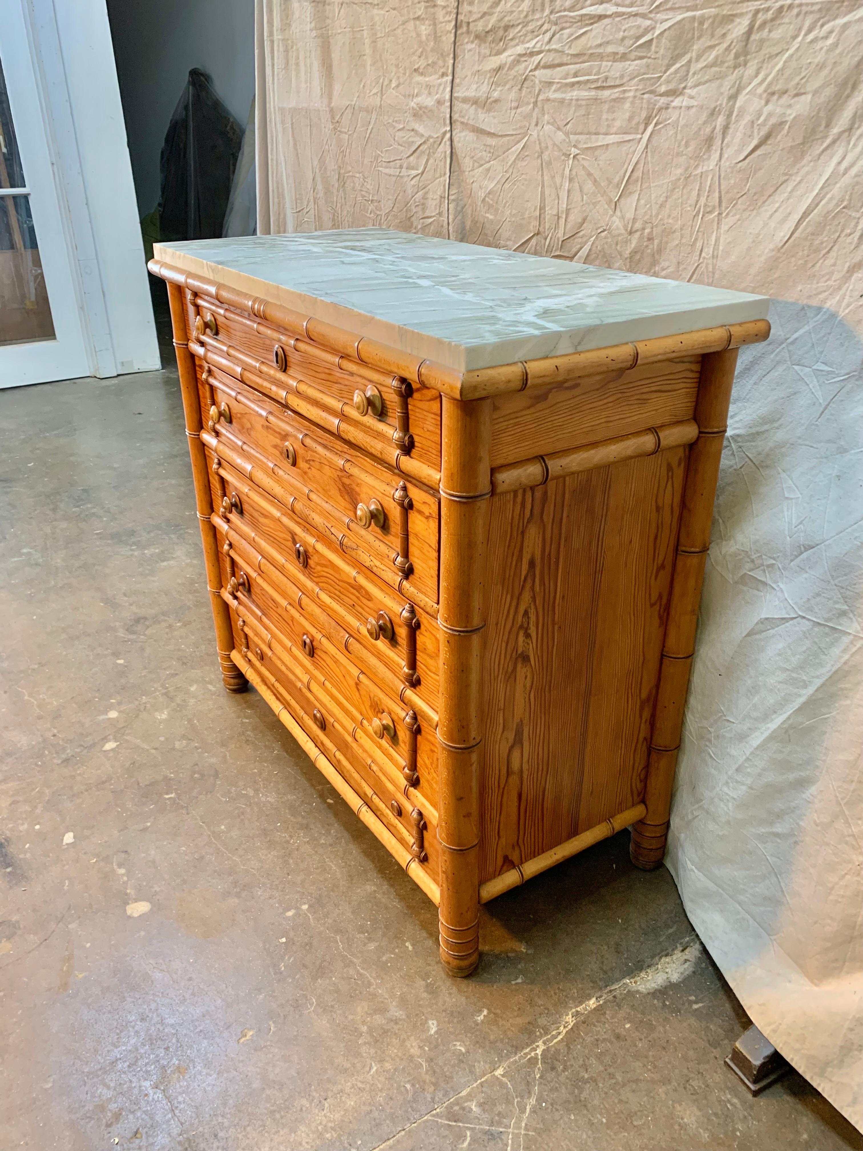 Early 20th Century French Pine Faux Bamboo Chest of Drawers with Marble Top 1