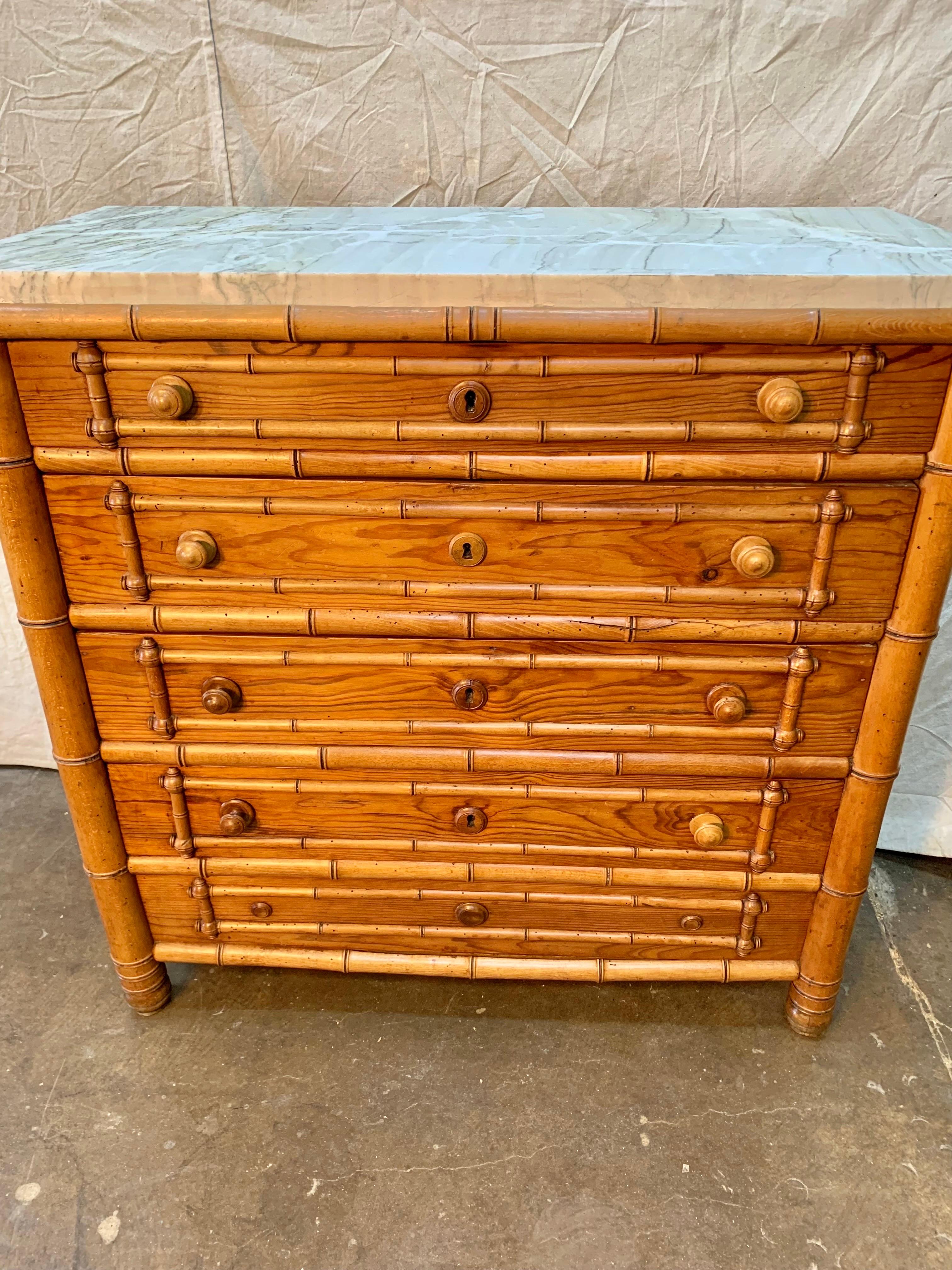 Early 20th Century French Pine Faux Bamboo Chest of Drawers with Marble Top 2