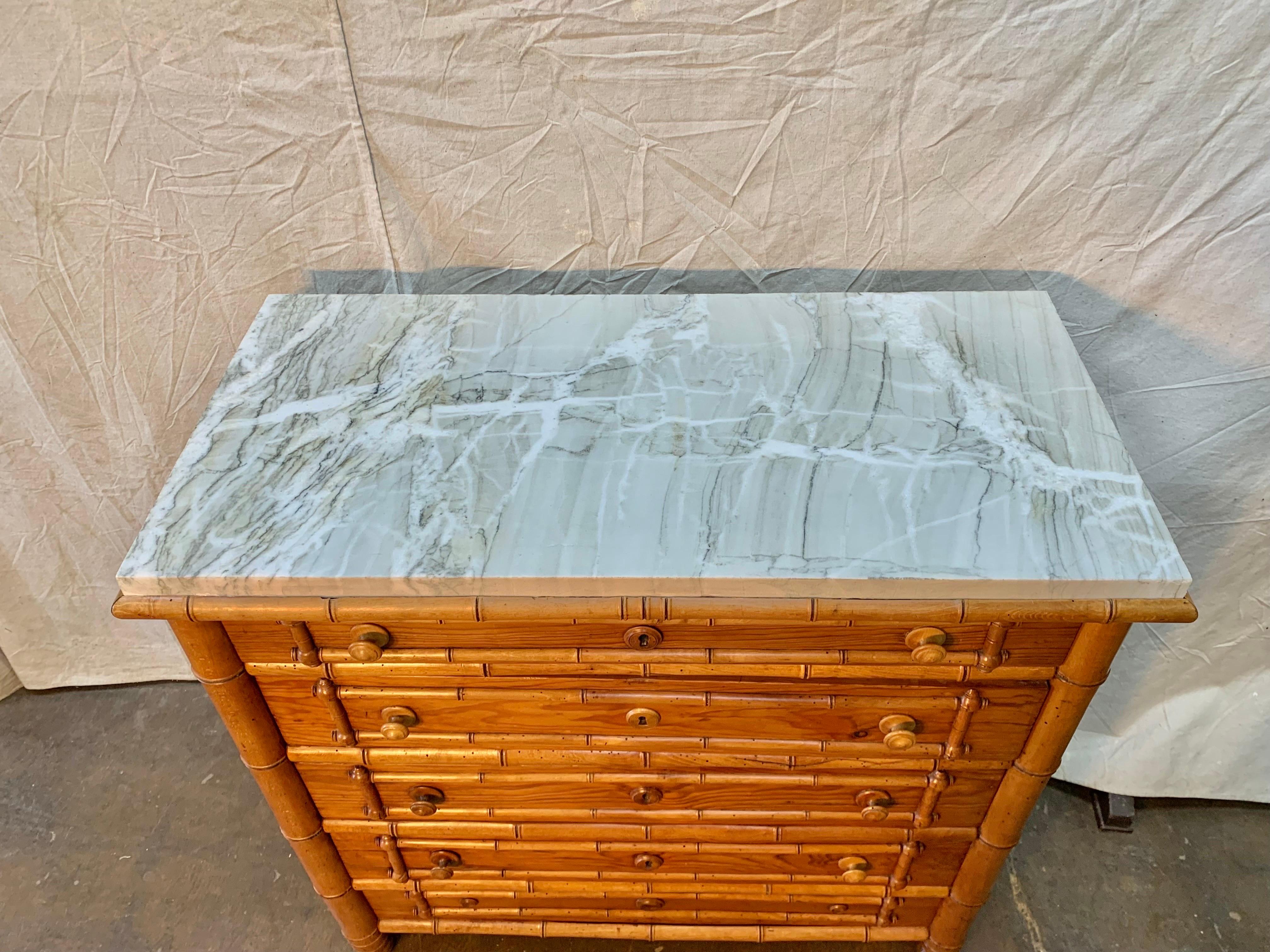 Early 20th Century French Pine Faux Bamboo Chest of Drawers with Marble Top 3