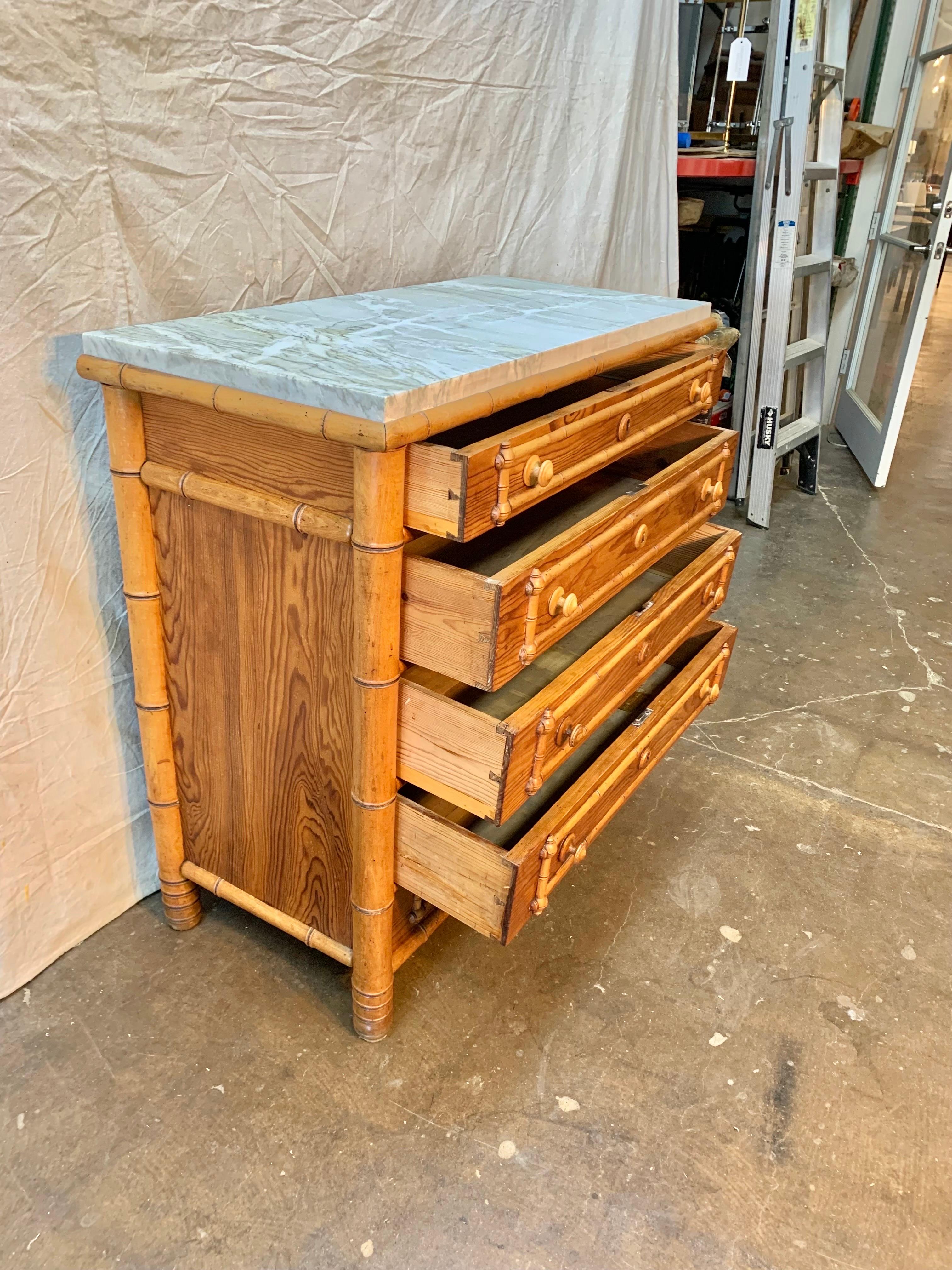 Early 20th Century French Pine Faux Bamboo Chest of Drawers with Marble Top 4