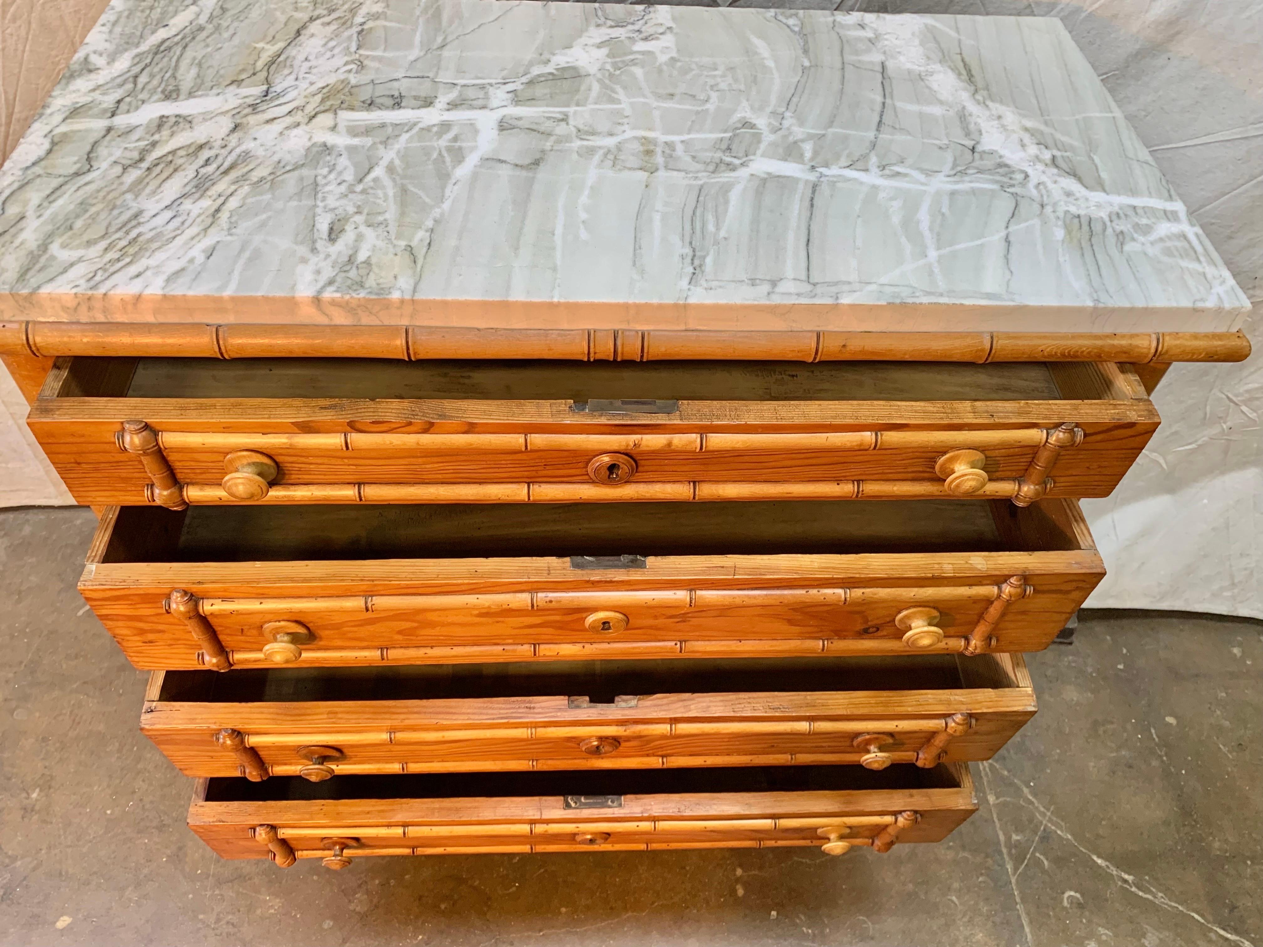 Early 20th Century French Pine Faux Bamboo Chest of Drawers with Marble Top 5