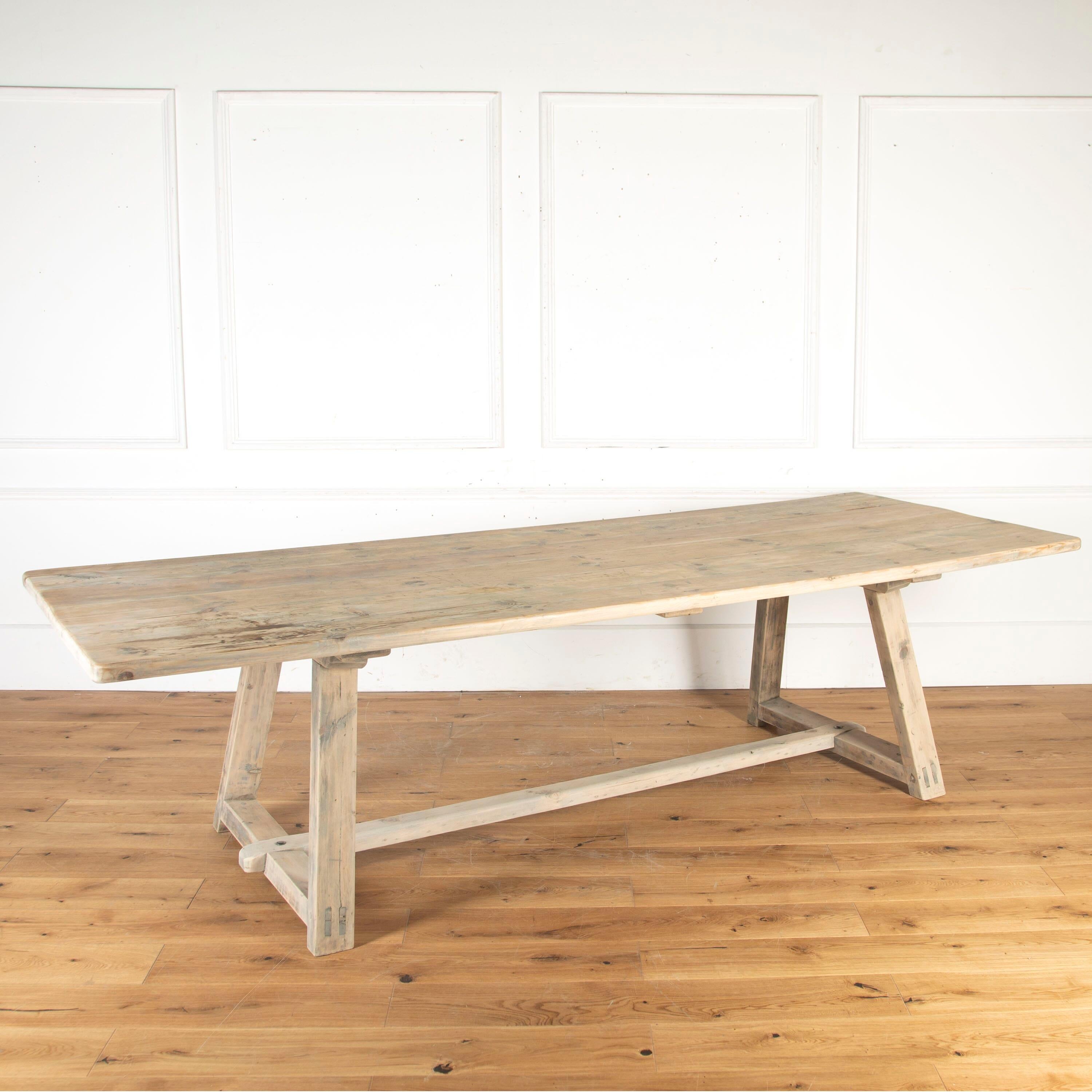 Fantastic large early 20th century French pine table, Circa 1920.

This table has been reduced in size, and would originally have been a much larger industrial table. 

Nonetheless, it is of large scale with a 4cm thick boarded top and a