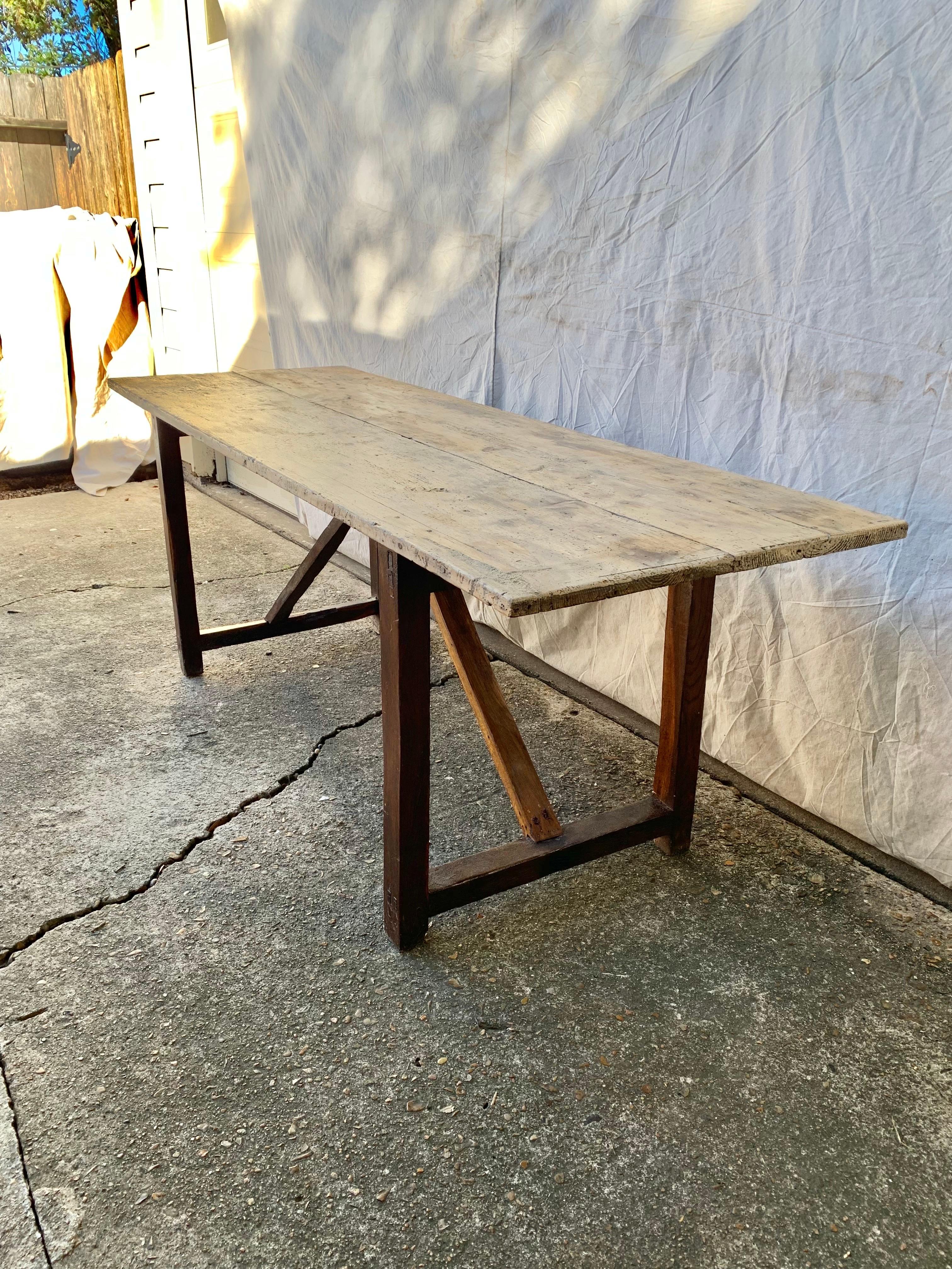 Hand-Crafted Early 20th Century French Pine Trestle Table