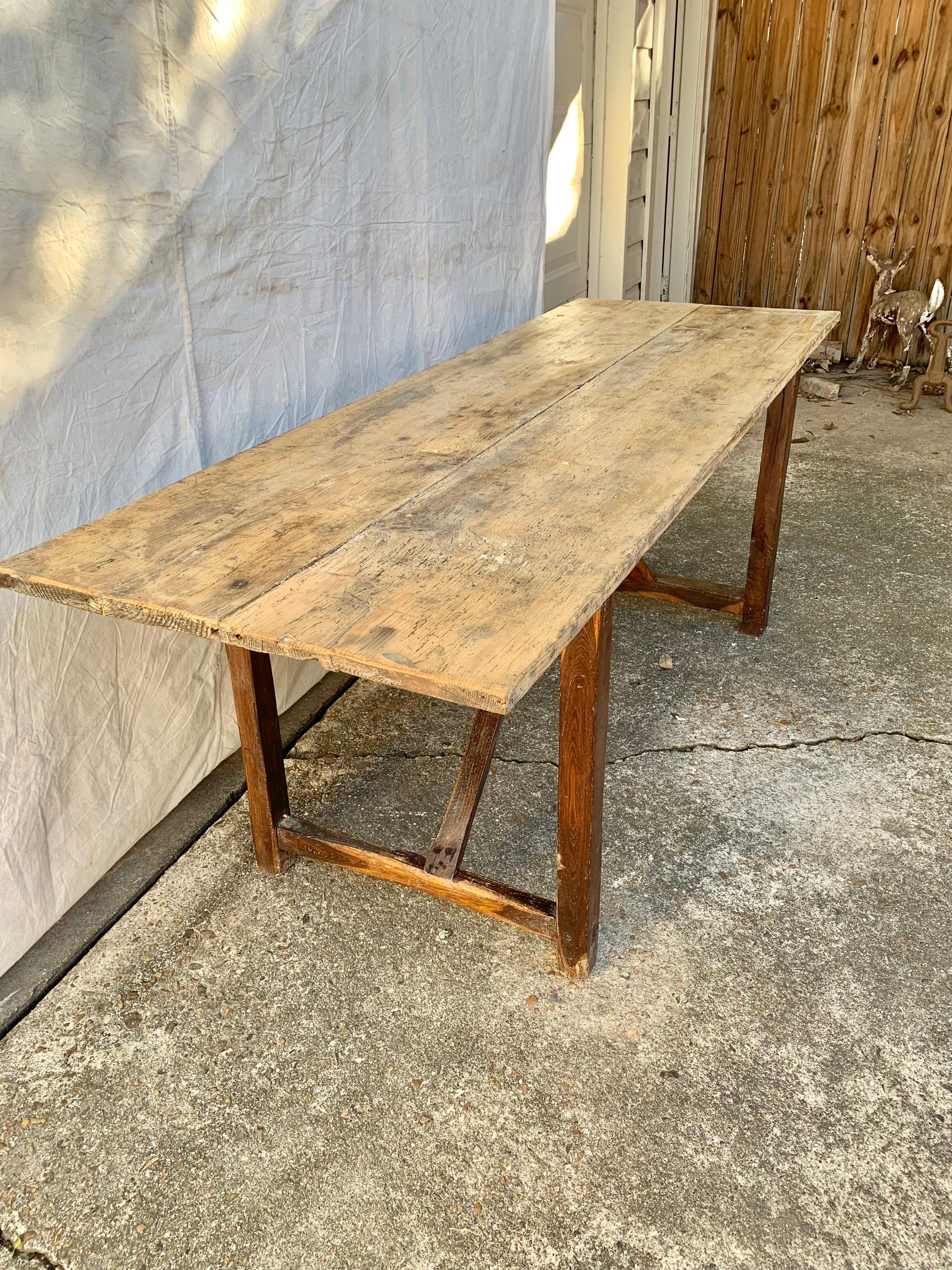 Early 20th Century French Pine Trestle Table 1