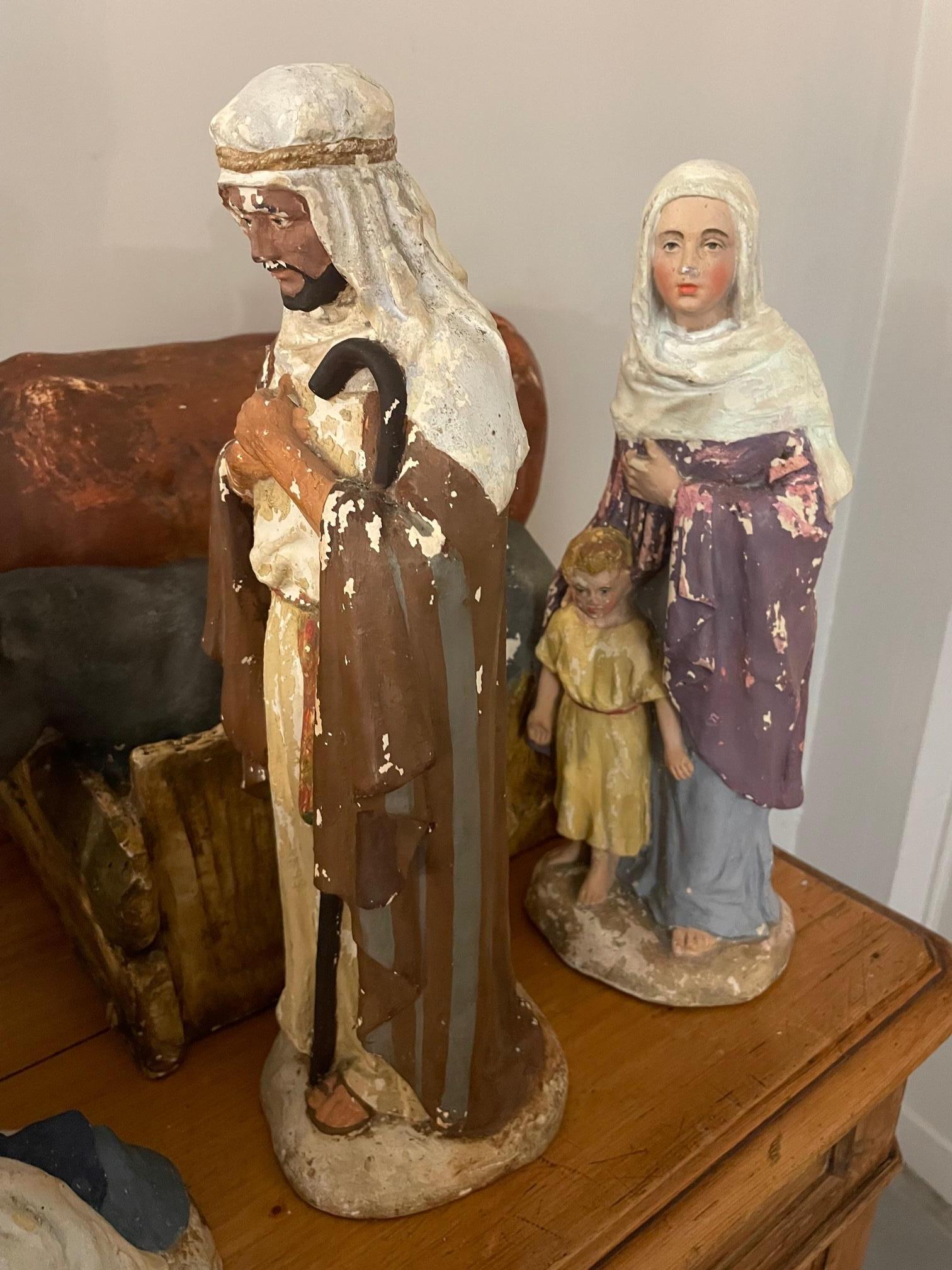 Early 20th century French Plaster Nativity Scene Figurines signed Marron, 1920s For Sale 3