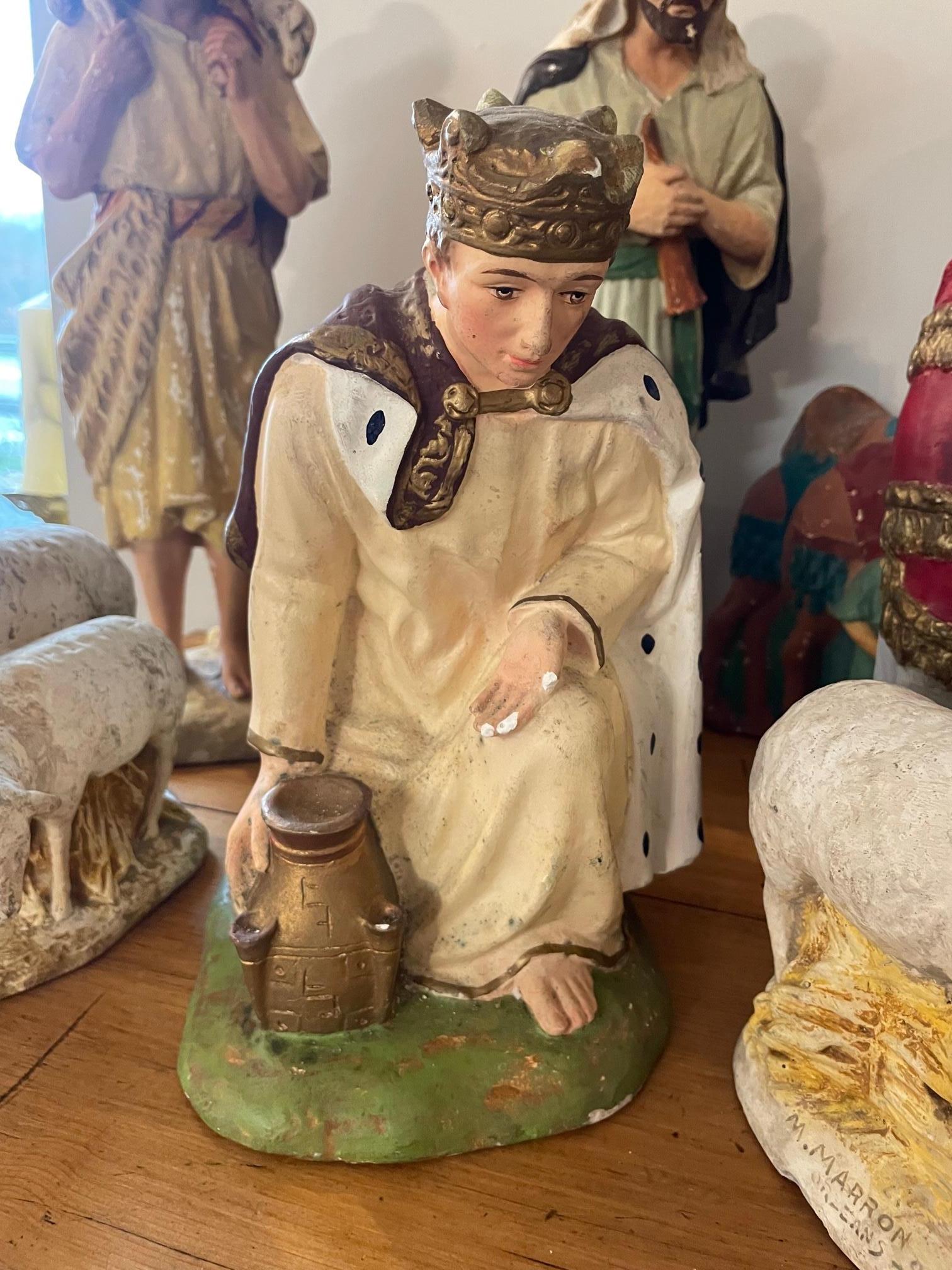 Early 20th century French Plaster Nativity Scene Figurines signed Marron, 1920s For Sale 4