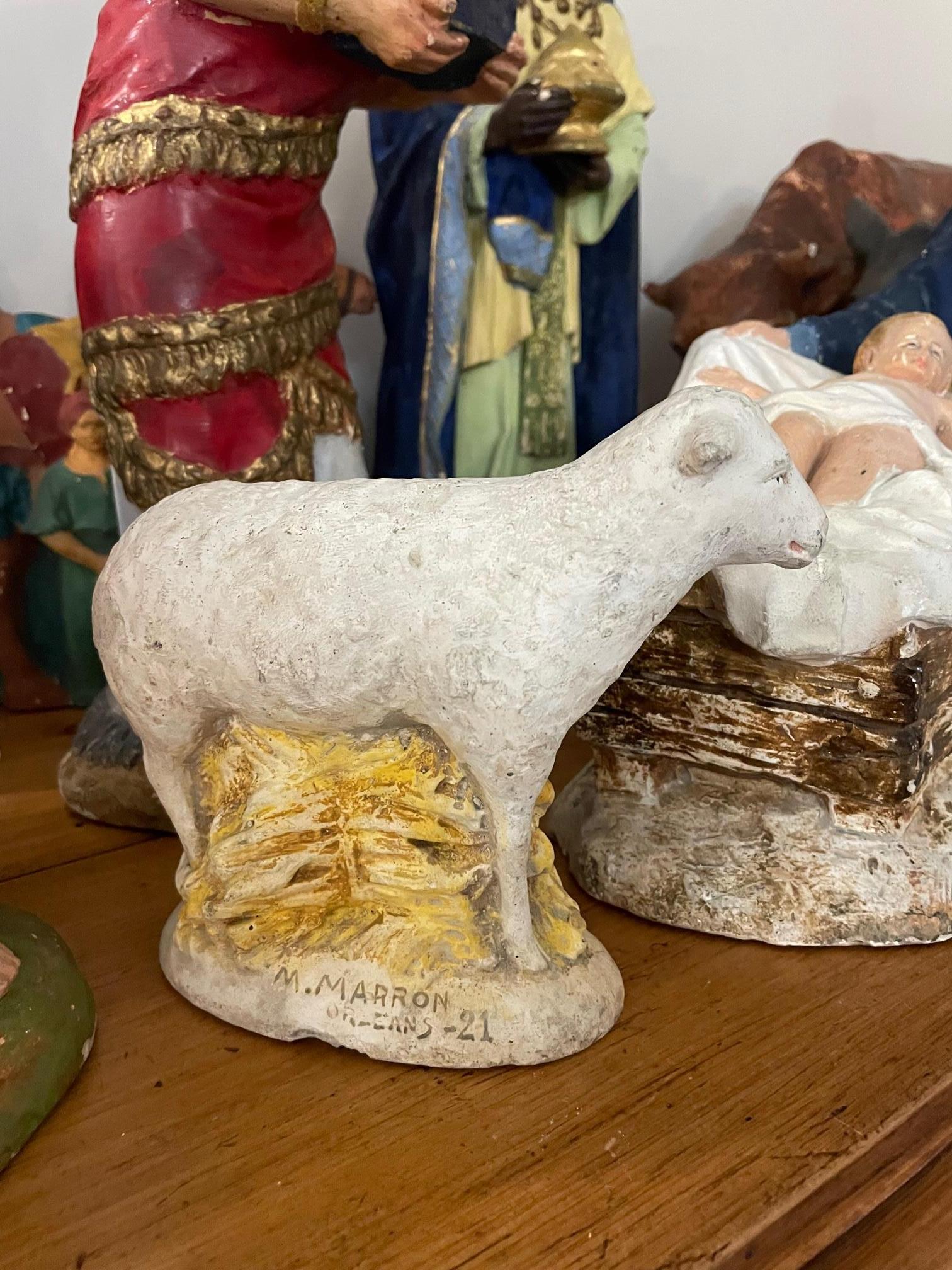 Early 20th century French Plaster Nativity Scene Figurines signed Marron, 1920s For Sale 5