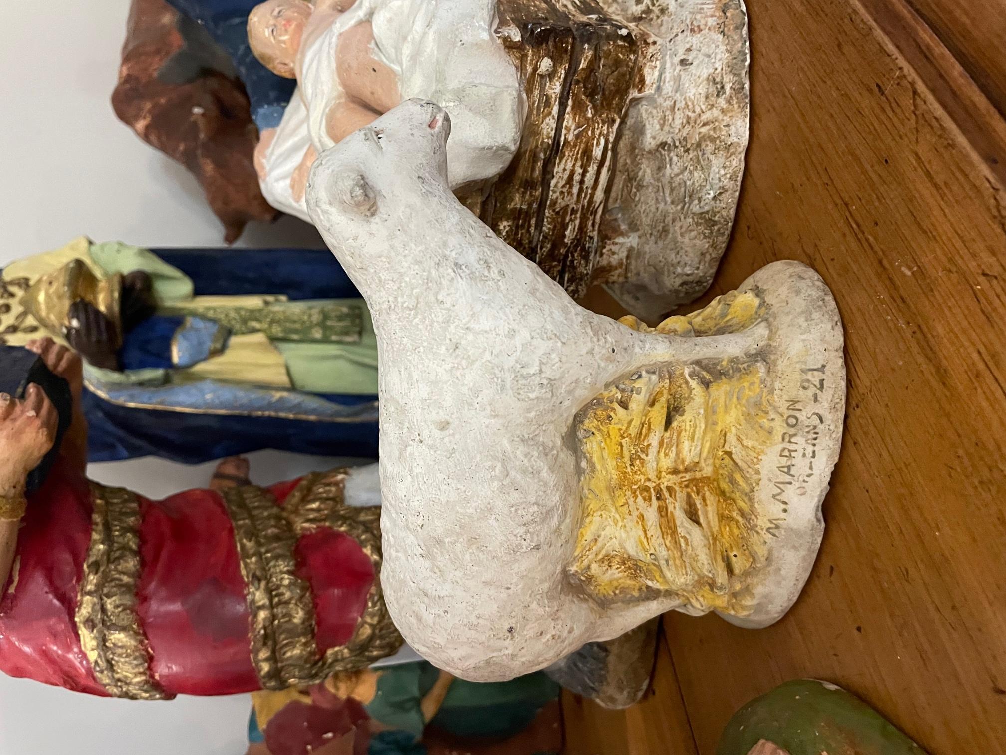 Early 20th century French Plaster Nativity Scene Figurines signed Marron, 1920s For Sale 5