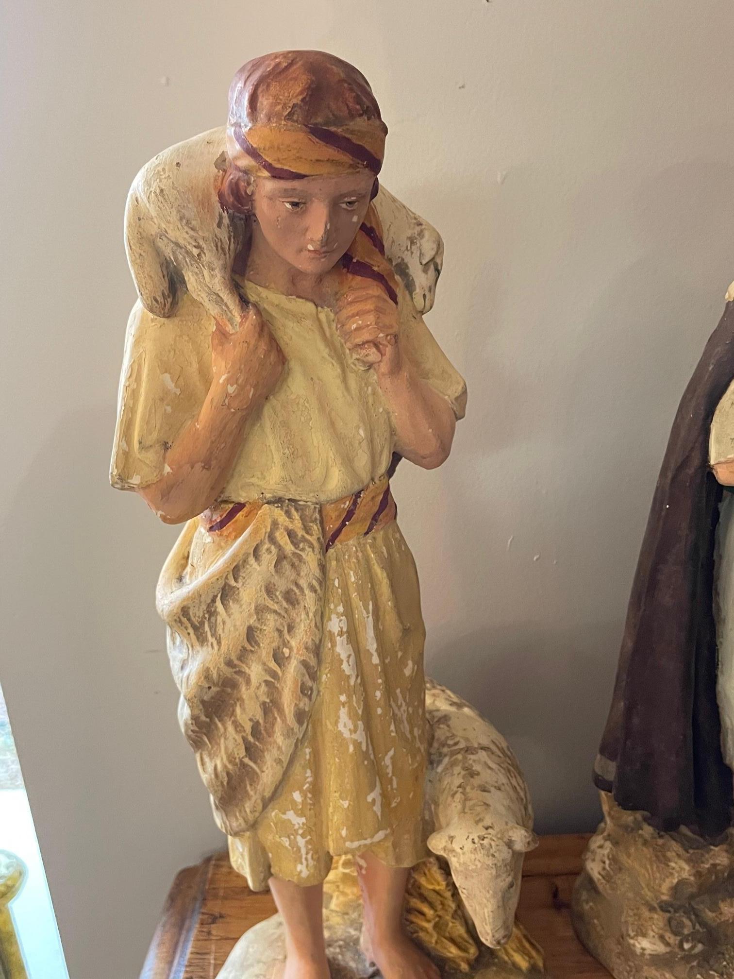 Early 20th century French Plaster Nativity Scene Figurines signed Marron, 1920s For Sale 8