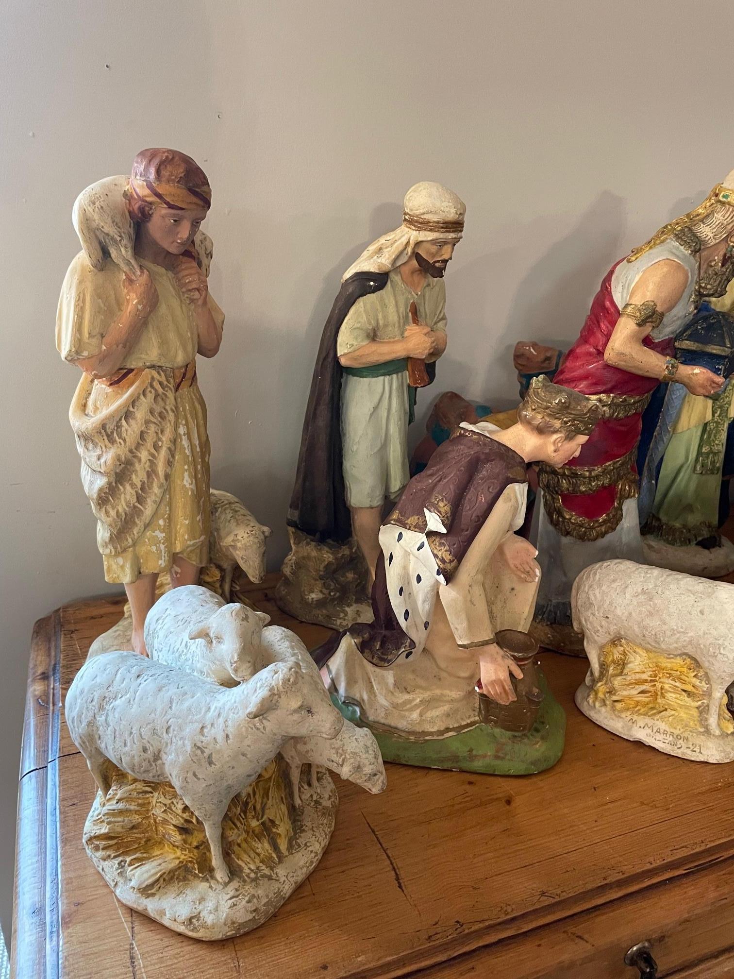 Hand-Painted Early 20th century French Plaster Nativity Scene Figurines signed Marron, 1920s For Sale