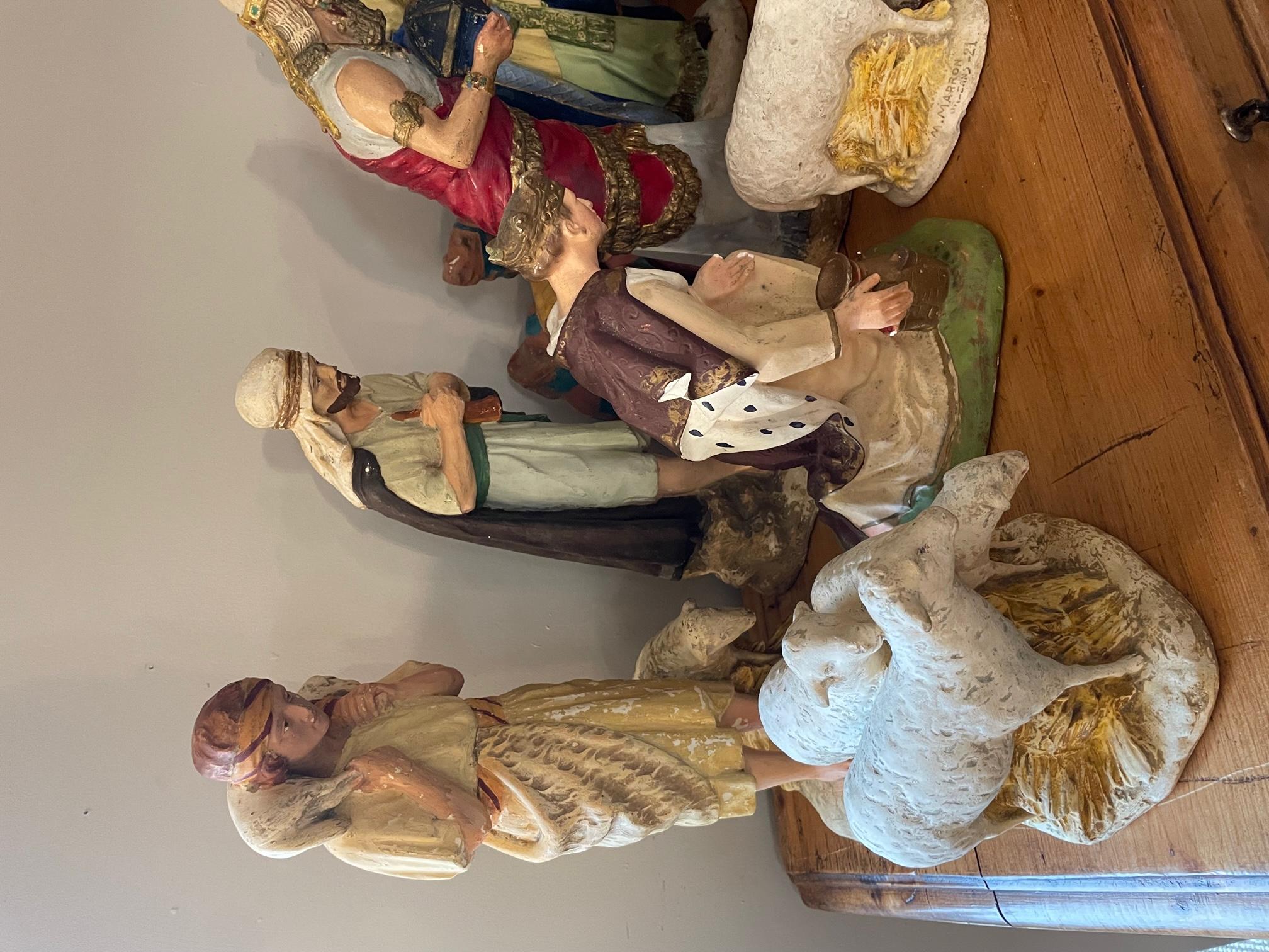 Hand-Painted Early 20th century French Plaster Nativity Scene Figurines signed Marron, 1920s For Sale