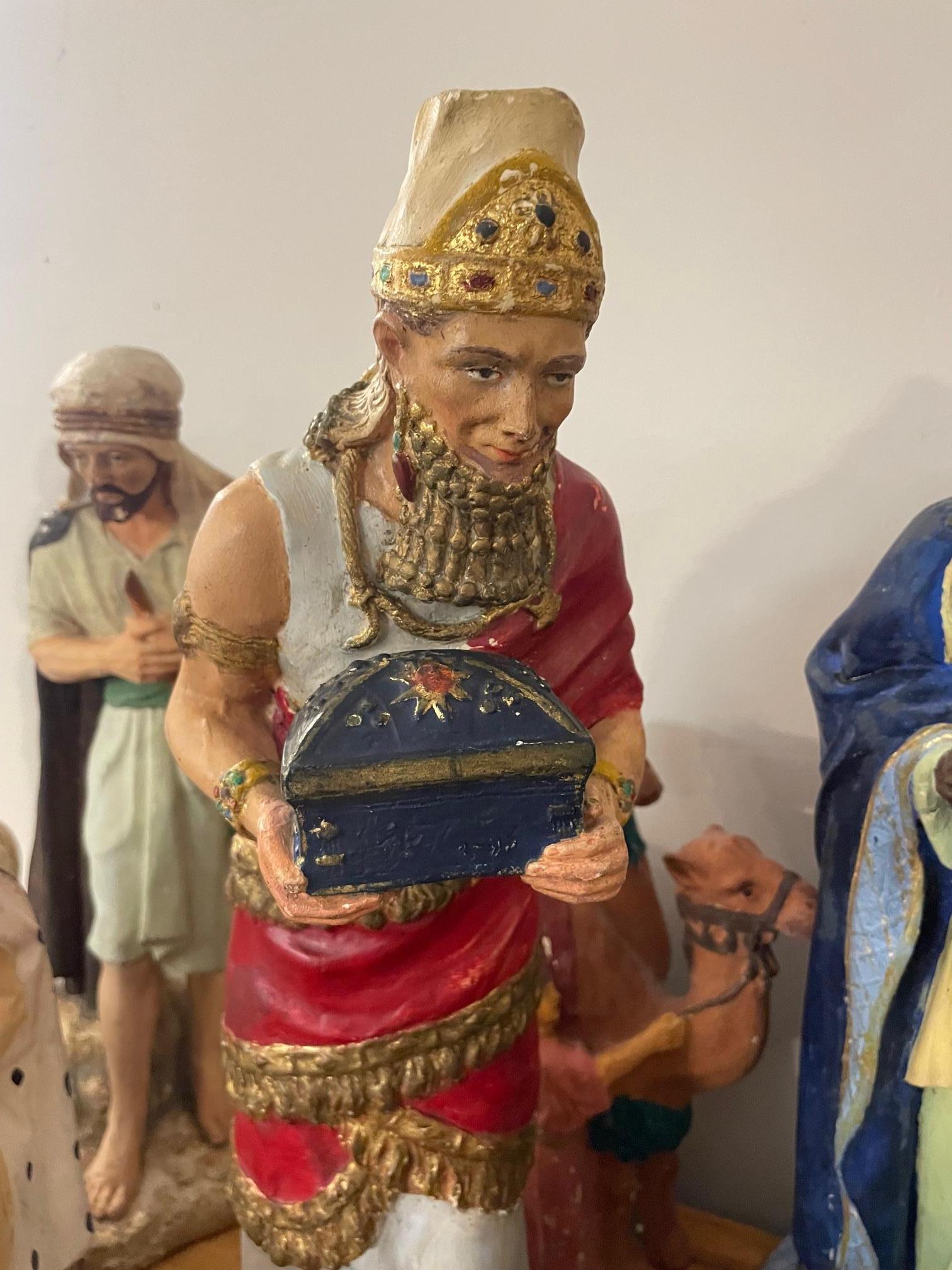 Early 20th Century Early 20th century French Plaster Nativity Scene Figurines signed Marron, 1920s For Sale