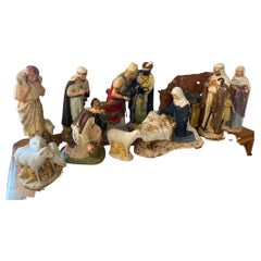 Early 20th century French Plaster Nativity Scene Figurines signed Marron, 1920s