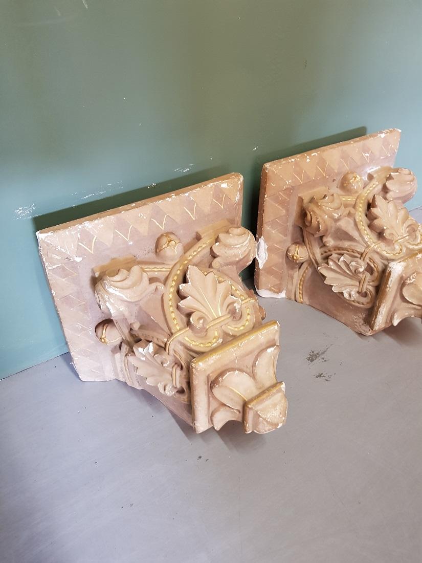 Hand-Painted Early 20th Century French Plaster Wall Consoles in a Church Architectural Style For Sale