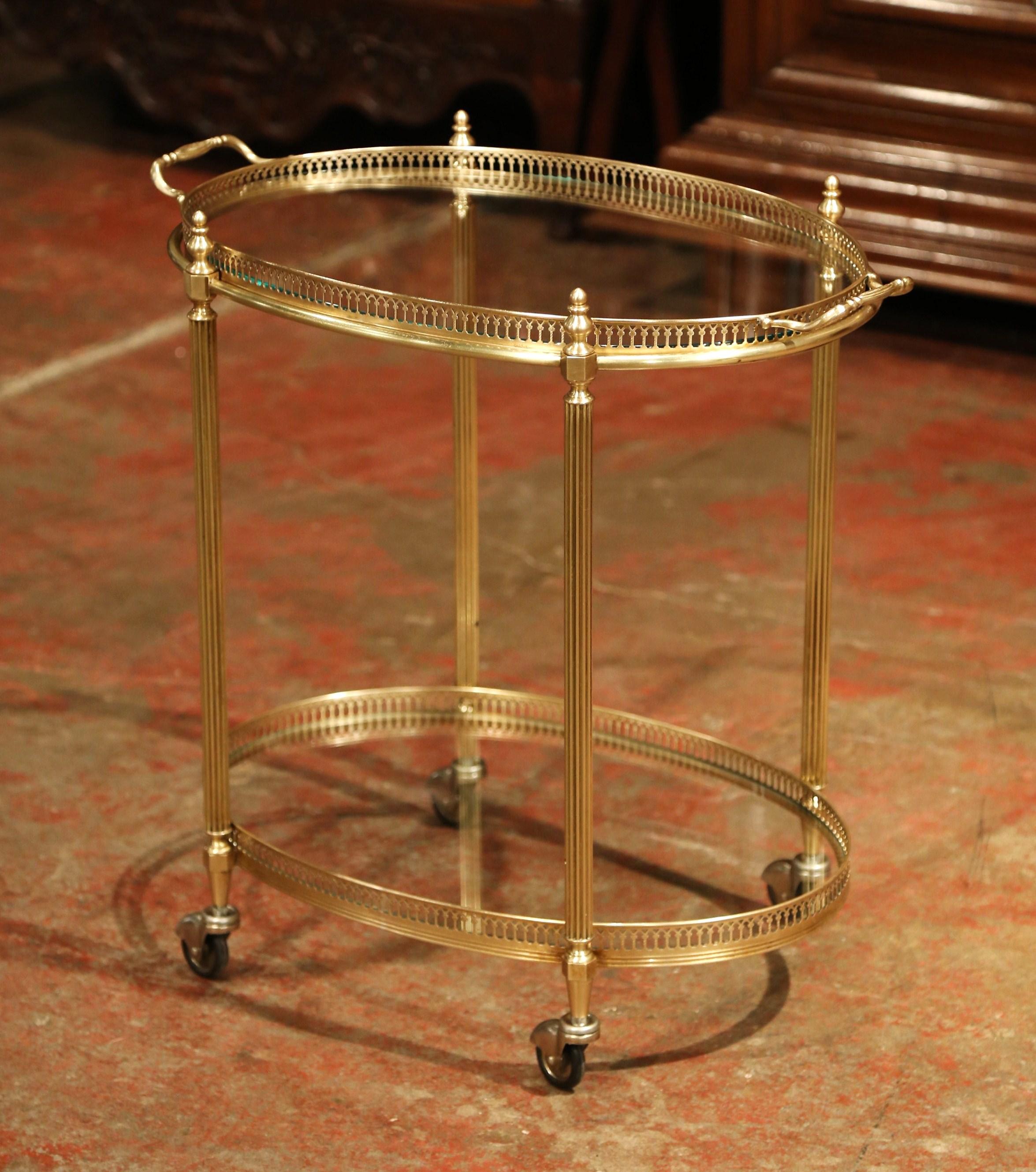 Art Deco Early 20th Century, French Polished Brass Dessert Table or Bar Cart on Wheels