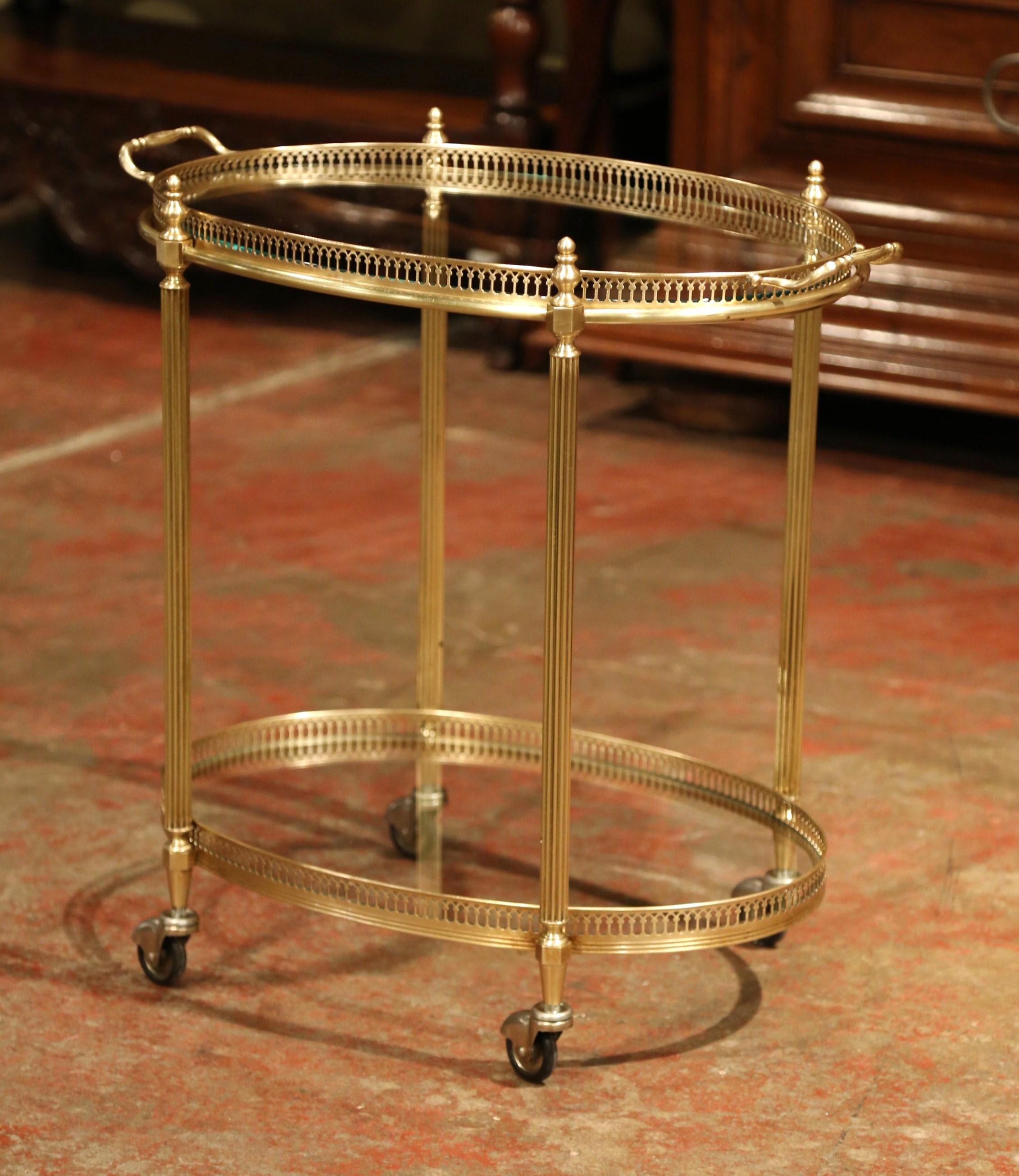 Early 20th Century, French Polished Brass Dessert Table or Bar Cart on Wheels In Excellent Condition In Dallas, TX