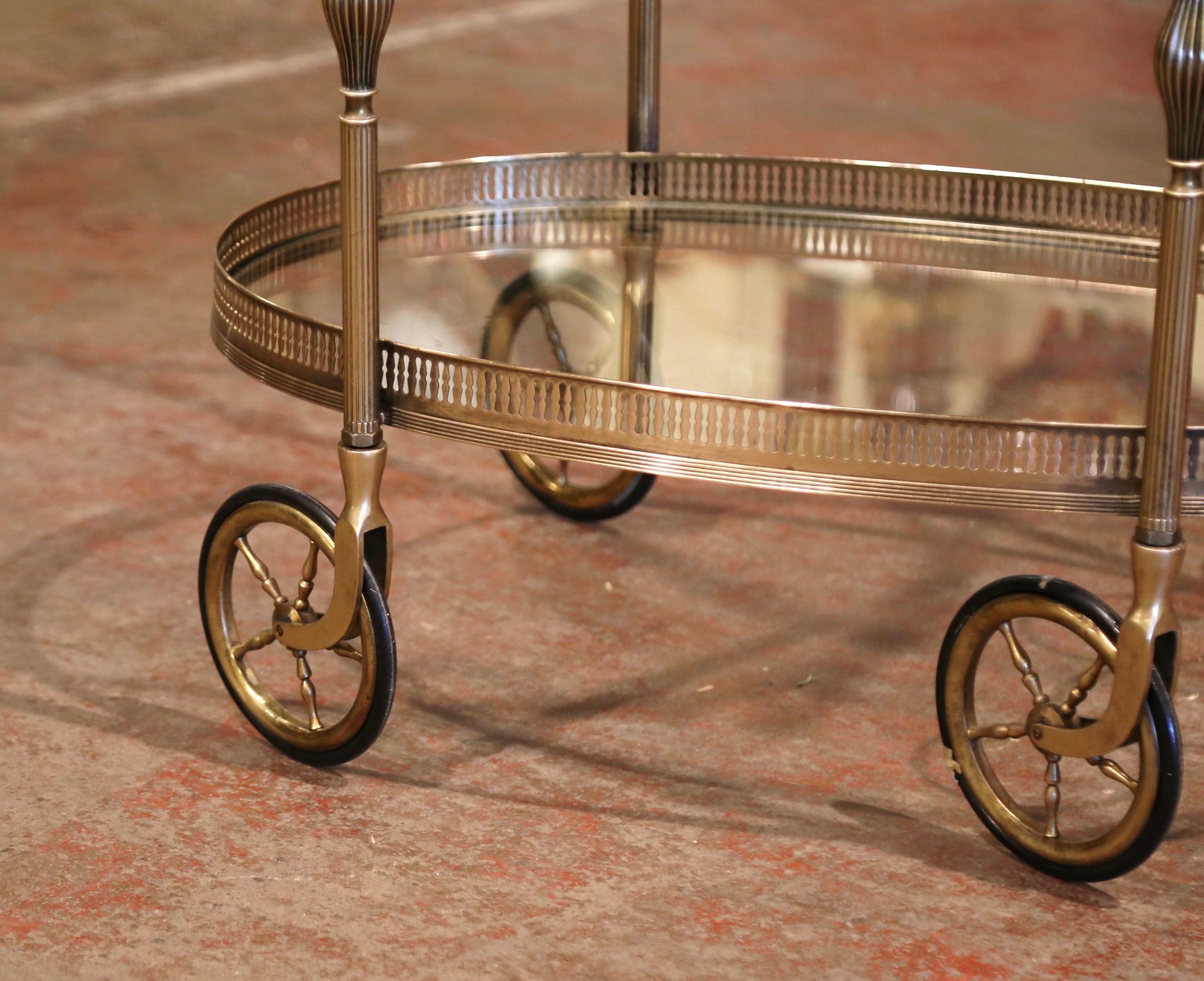 Early 20th Century French Polished Brass Two-Tier Oval Bar Cart on Wheels 5