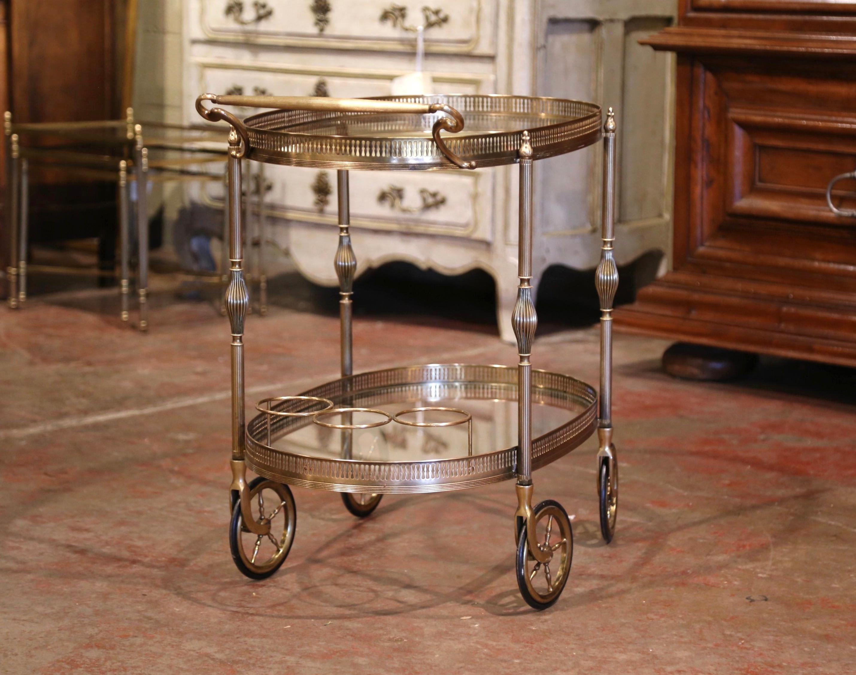 Early 20th Century French Polished Brass Two-Tier Oval Bar Cart on Wheels 6