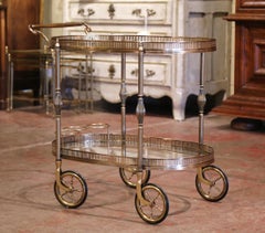 Early 20th Century French Polished Brass Two-Tier Oval Bar Cart on Wheels
