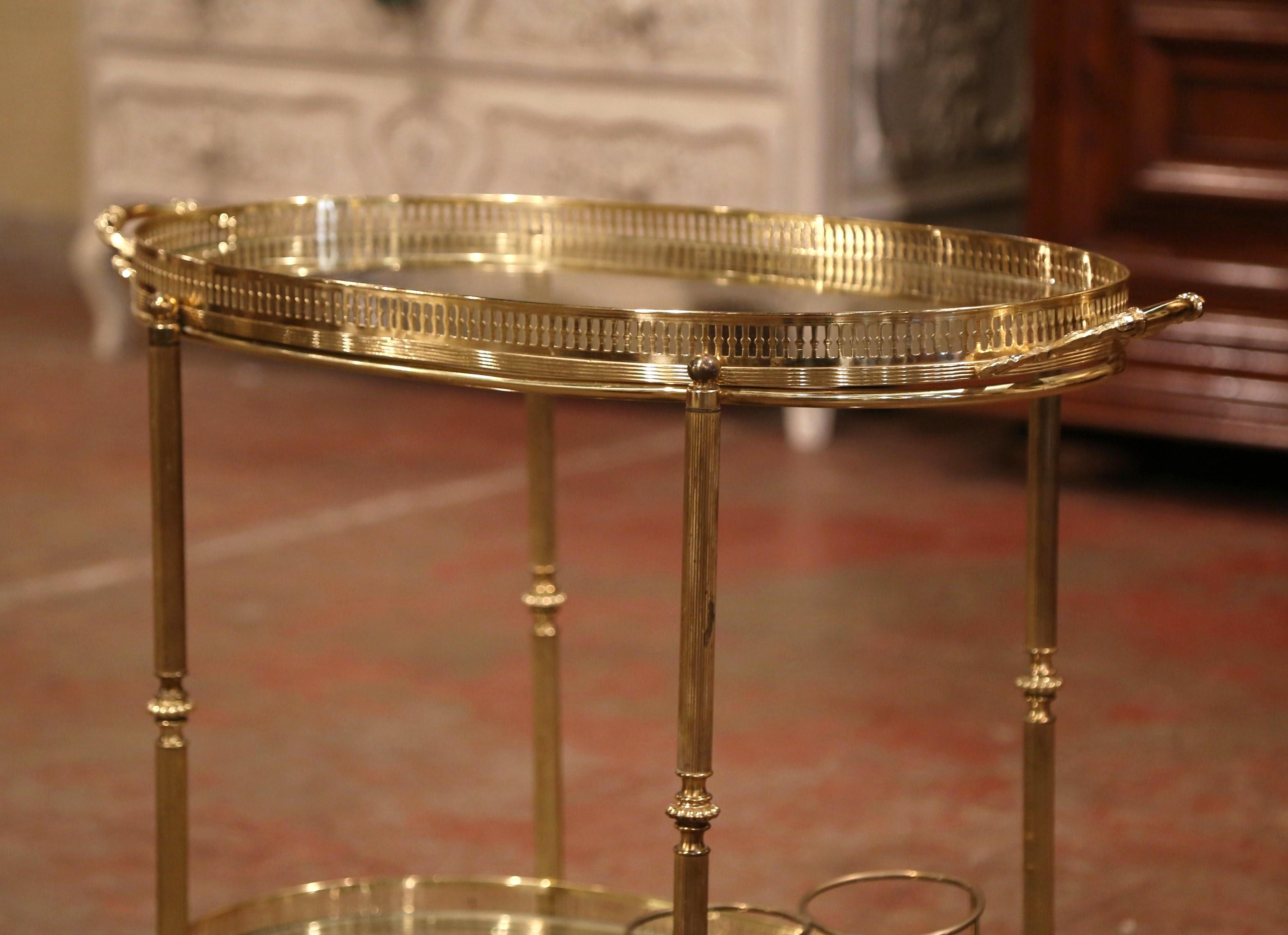 Art Deco Early 20th Century French Polished Brass Two-Tier Oval Bar Cart on Wheels