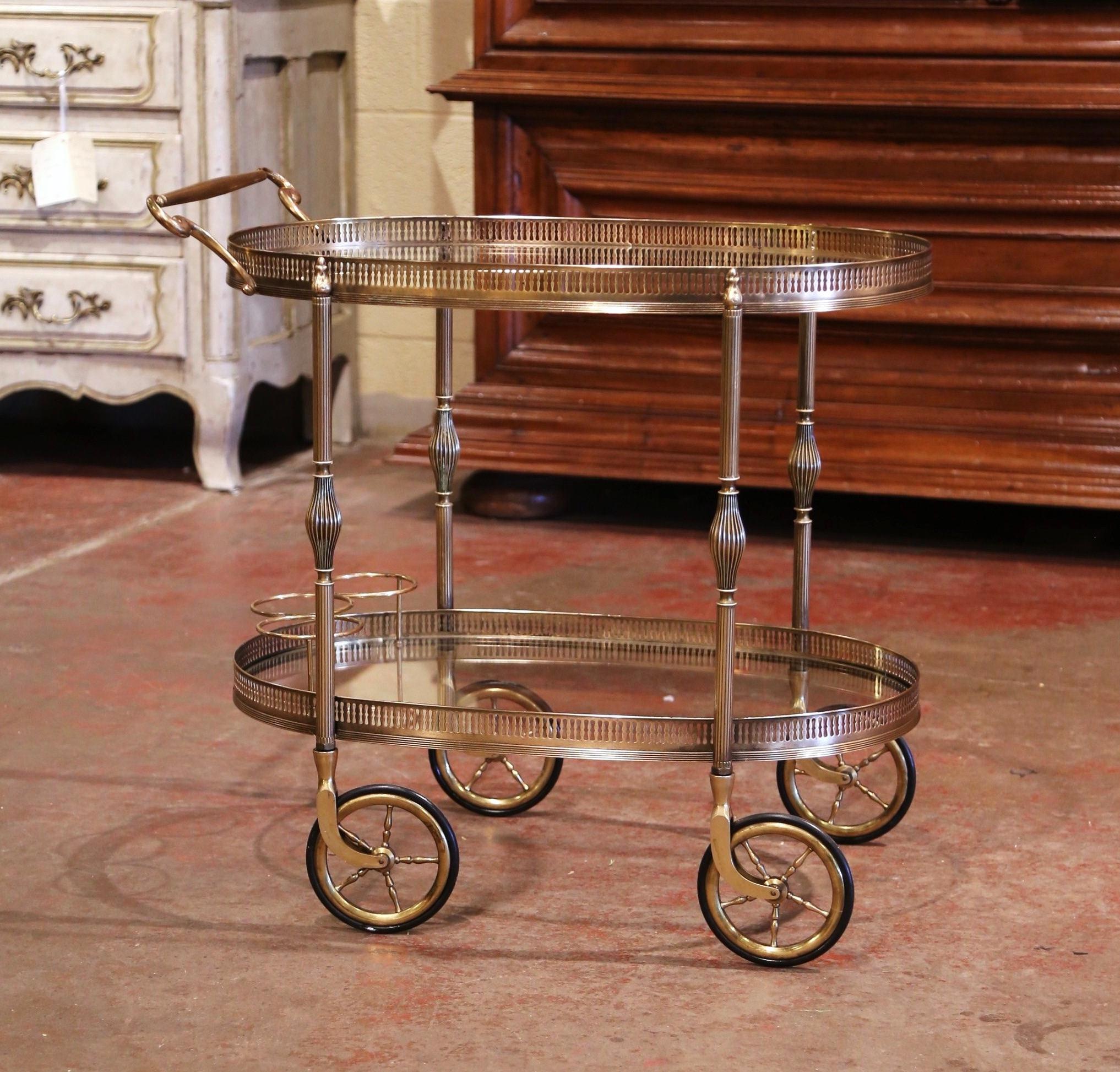 Art Deco Early 20th Century French Polished Brass Two-Tier Oval Bar Cart on Wheels