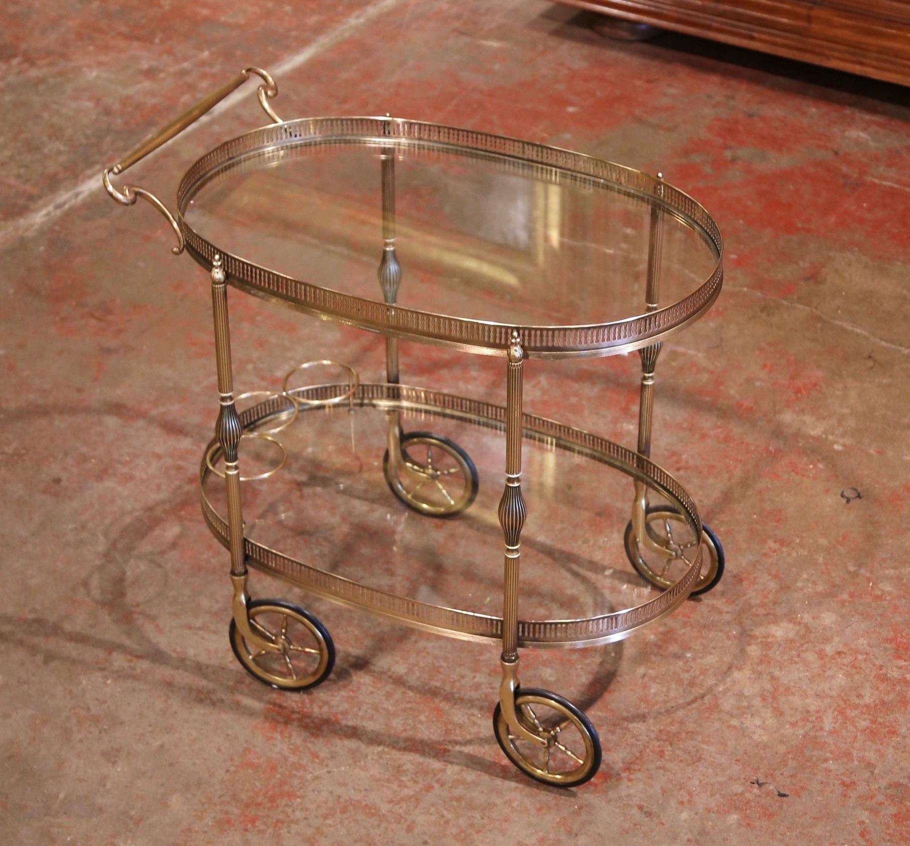 Hand-Crafted Early 20th Century French Polished Brass Two-Tier Oval Bar Cart on Wheels