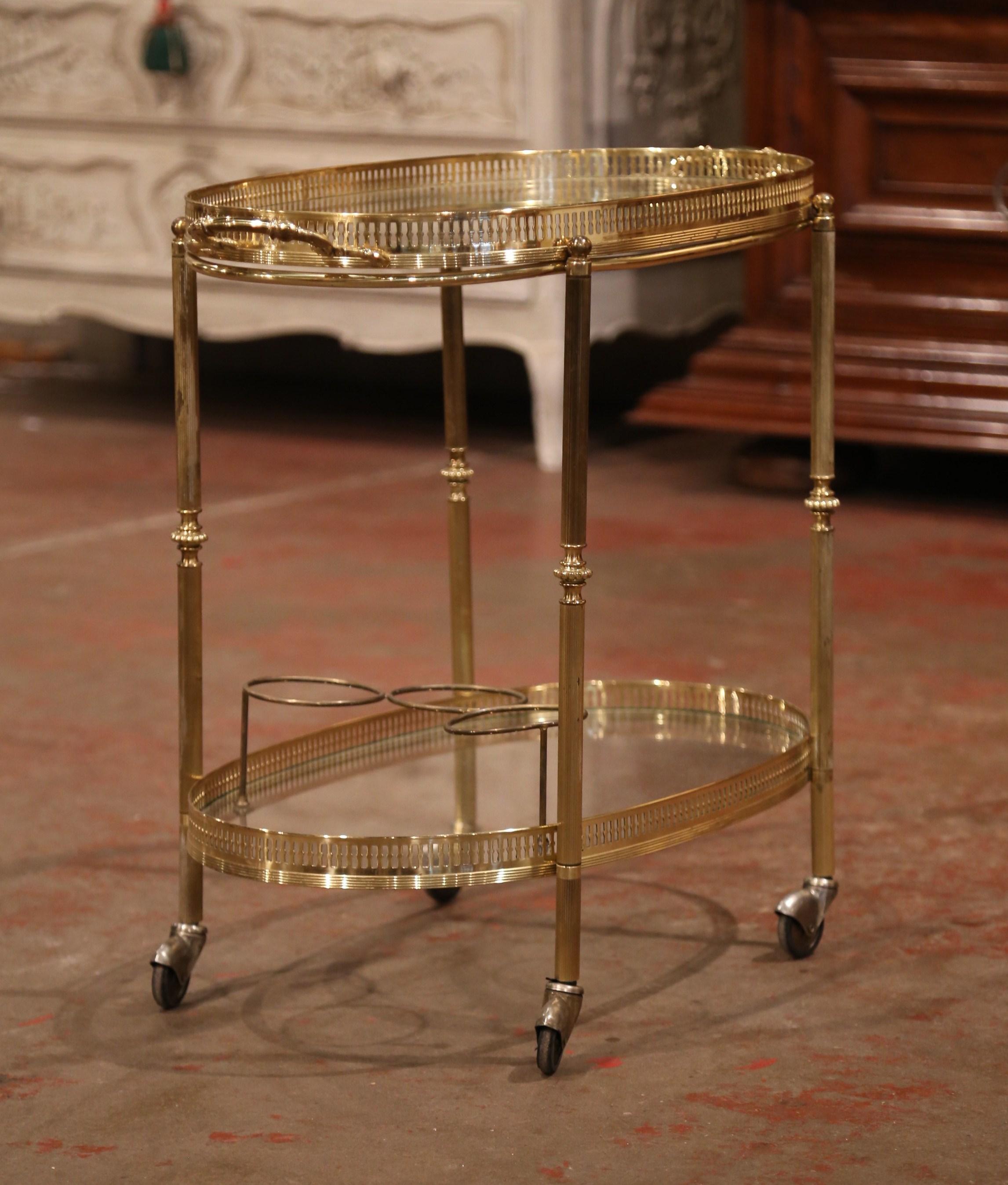 Early 20th Century French Polished Brass Two-Tier Oval Bar Cart on Wheels 1