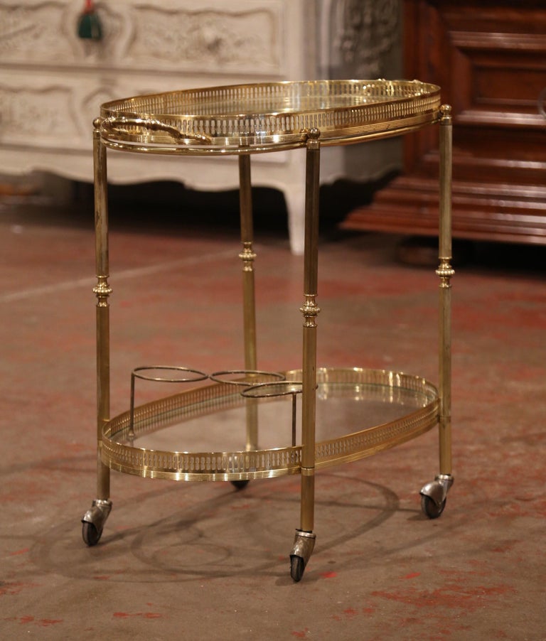 Early 20th Century French Polished Brass TwoTier Oval Bar Cart on