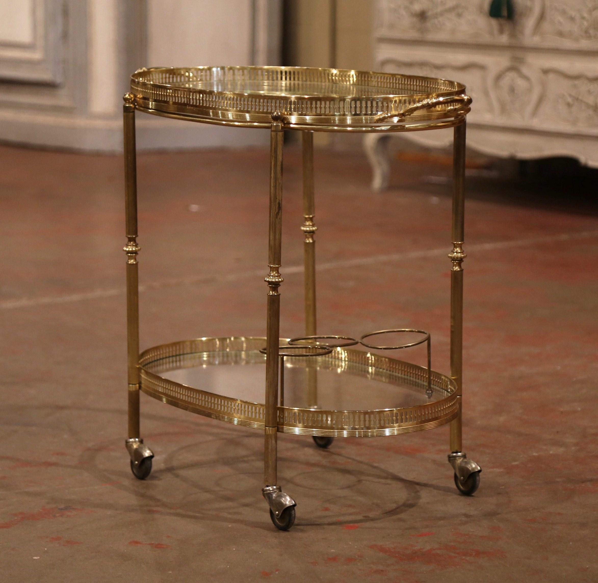 Early 20th Century French Polished Brass Two-Tier Oval Bar Cart on Wheels 2