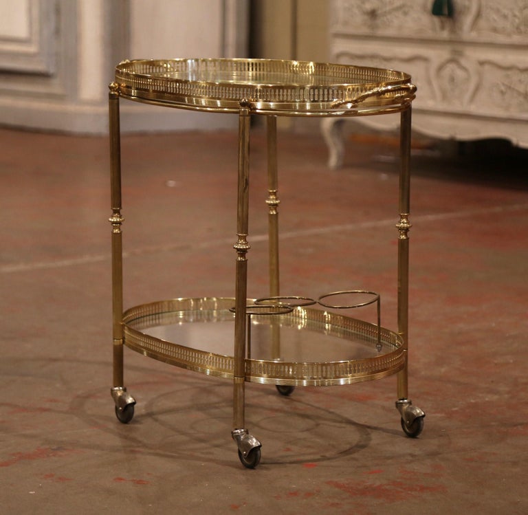 Early 20th Century French Polished Brass TwoTier Oval Bar Cart on